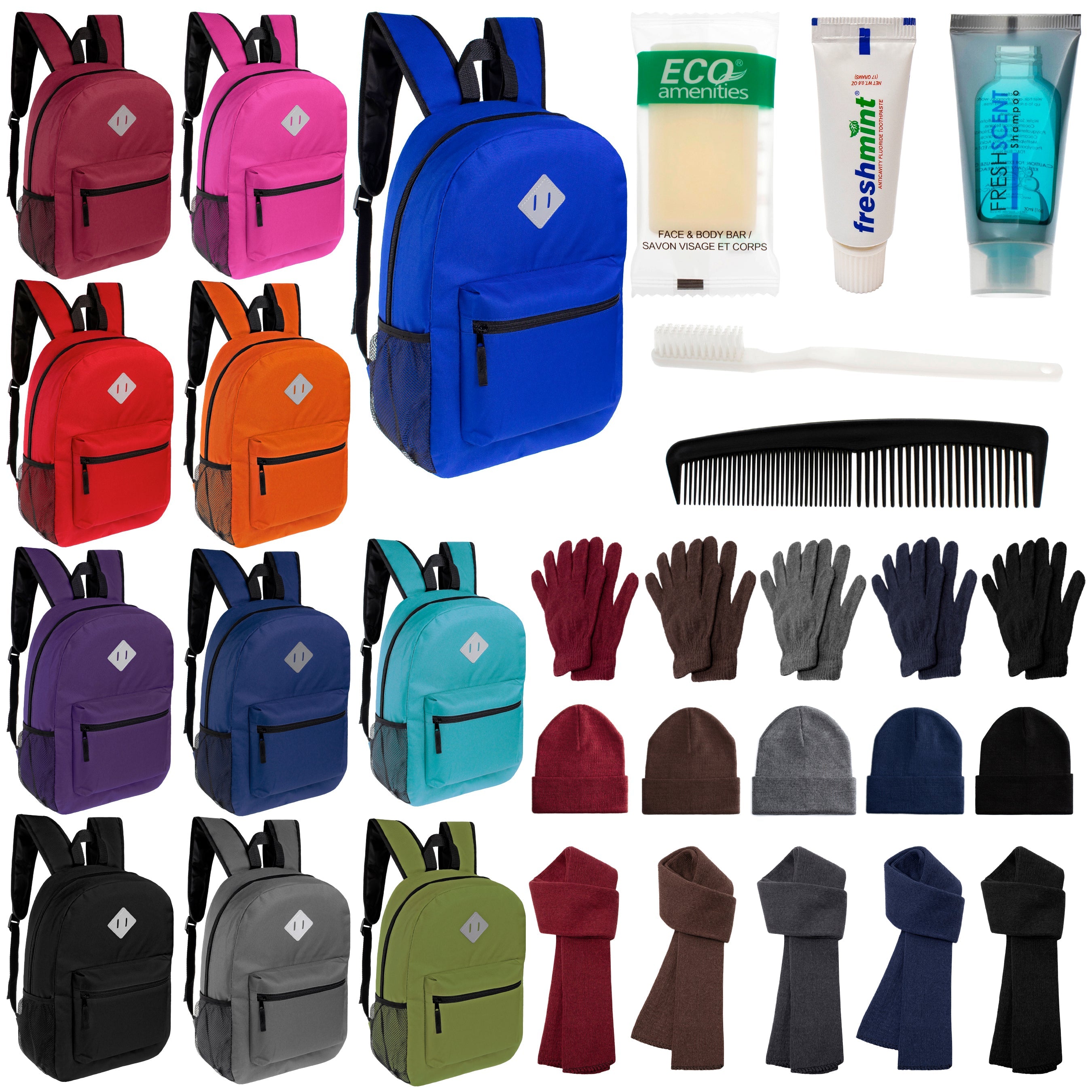 12 Diamond Patch 17" Backpacks, 12 Winter Item Sets & Your Choice of 12 Bulk Hygiene Kits - Wholesale Homeless Care Package