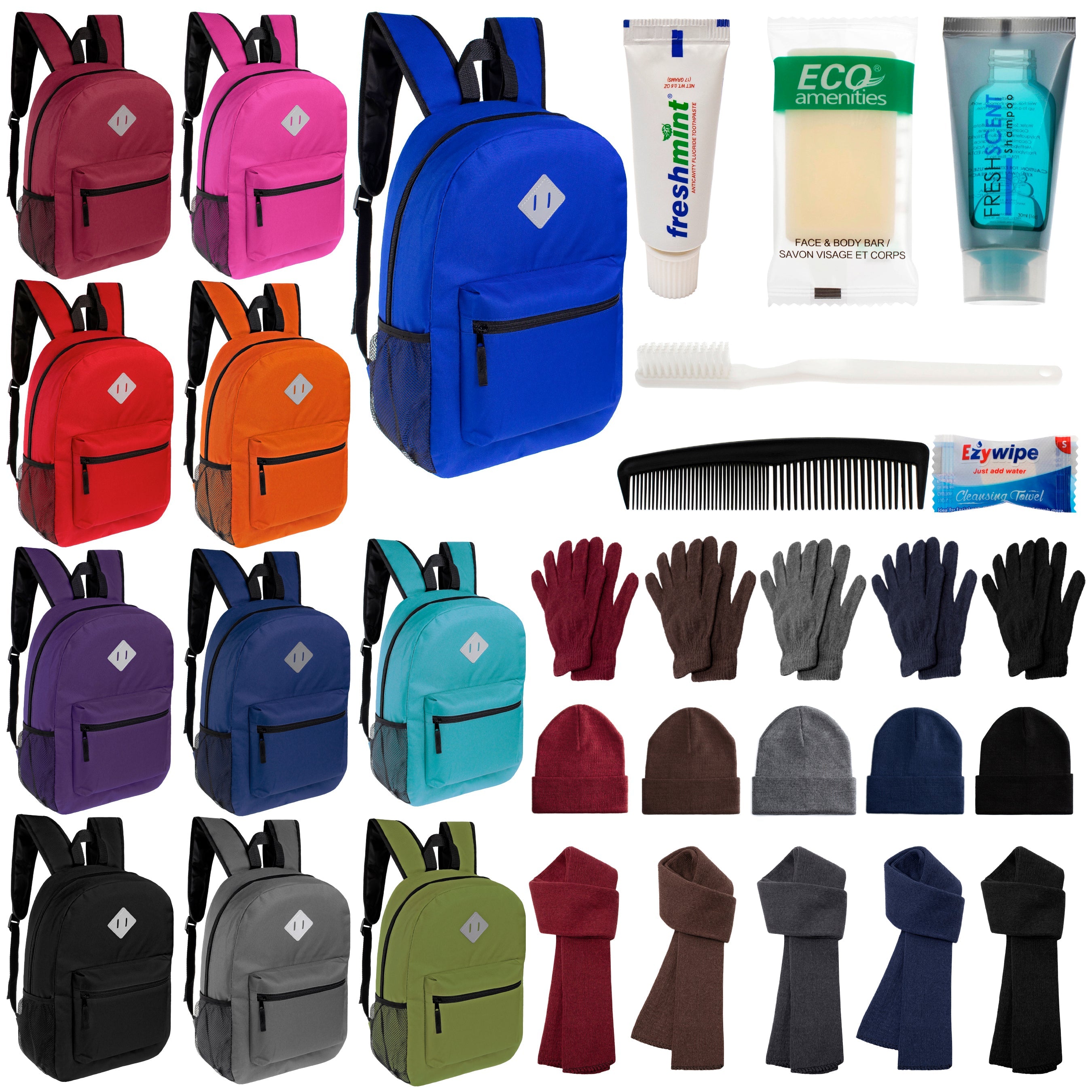 12 Diamond Patch 17" Backpacks, 12 Winter Item Sets & Your Choice of 12 Bulk Hygiene Kits - Wholesale Homeless Care Package