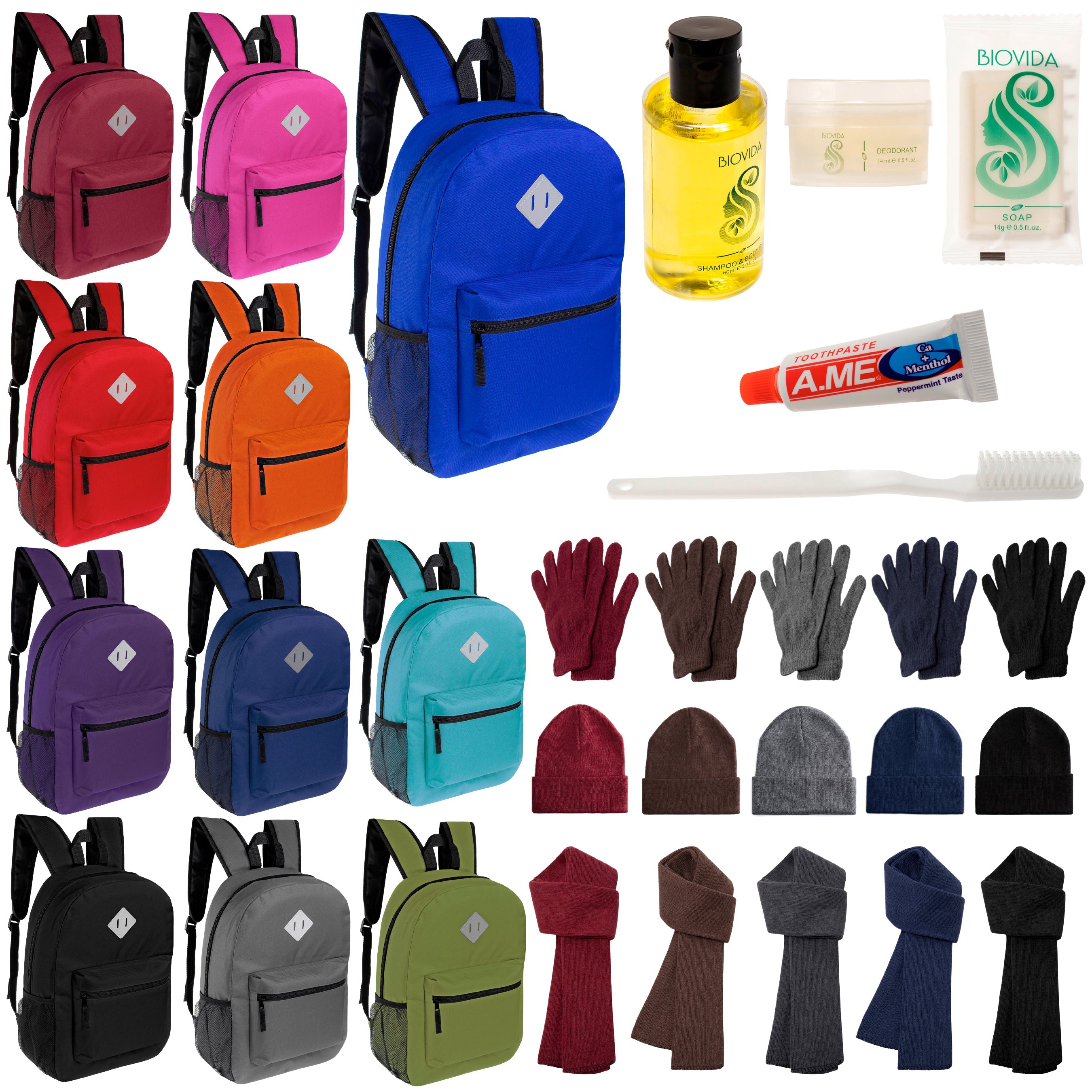 12 Diamond Patch 17" Backpacks, 12 Winter Item Sets & Your Choice of 12 Bulk Hygiene Kits - Wholesale Homeless Care Package