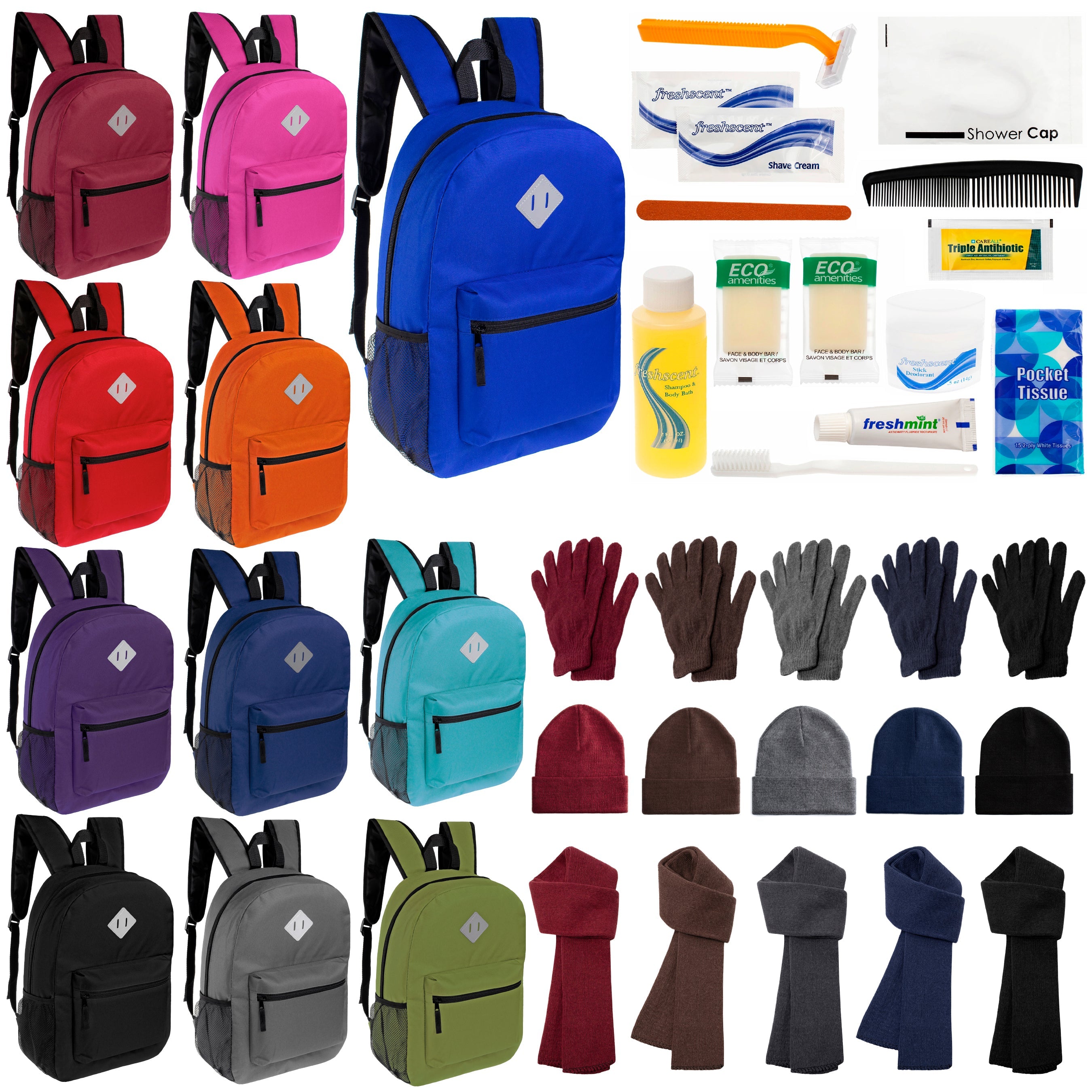 12 Diamond Patch 17" Backpacks, 12 Winter Item Sets & Your Choice of 12 Bulk Hygiene Kits - Wholesale Homeless Care Package