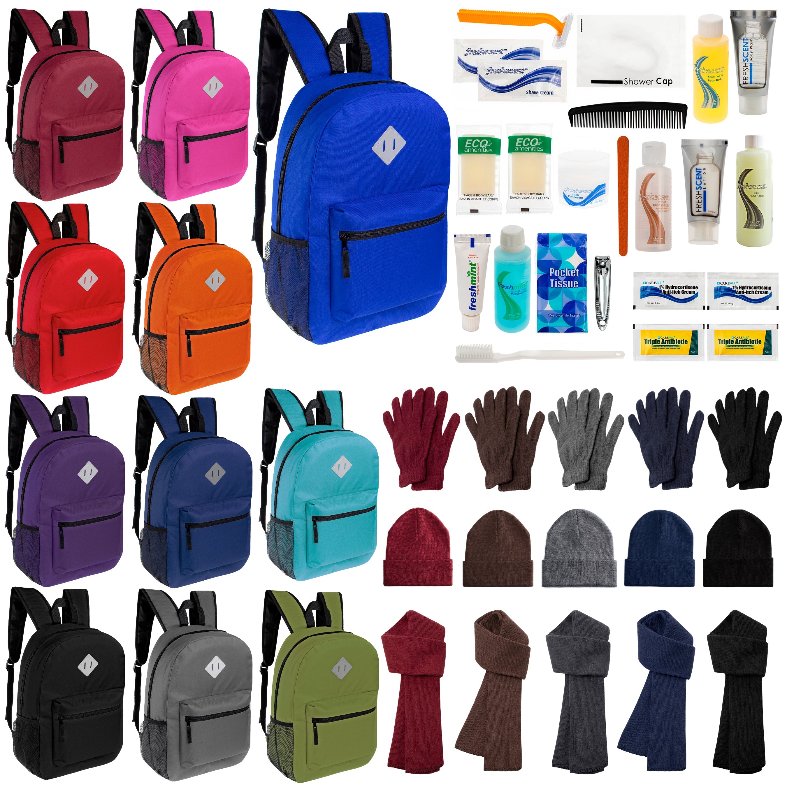 12 Diamond Patch 17" Backpacks, 12 Winter Item Sets & Your Choice of 12 Bulk Hygiene Kits - Wholesale Homeless Care Package