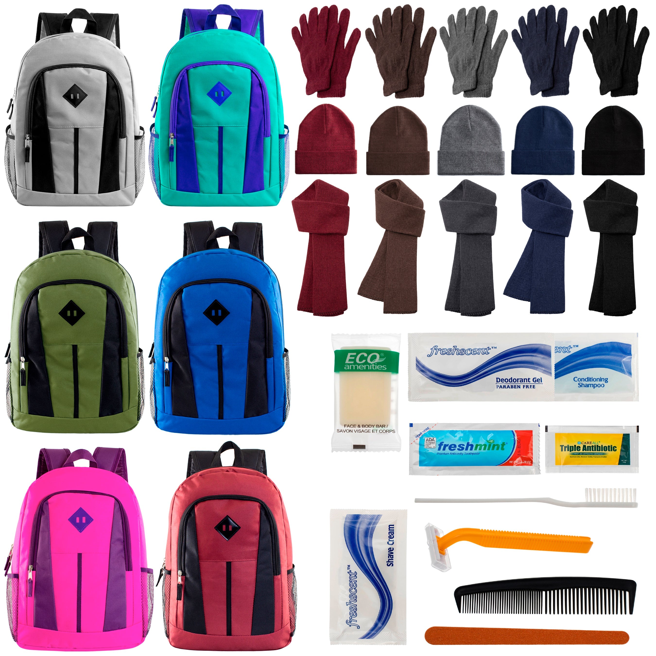 12 Multi-Color 17" Backpacks, 12 Winter Item Sets & Your Choice of 12 Bulk Hygiene Kits - Wholesale Homeless Care Package