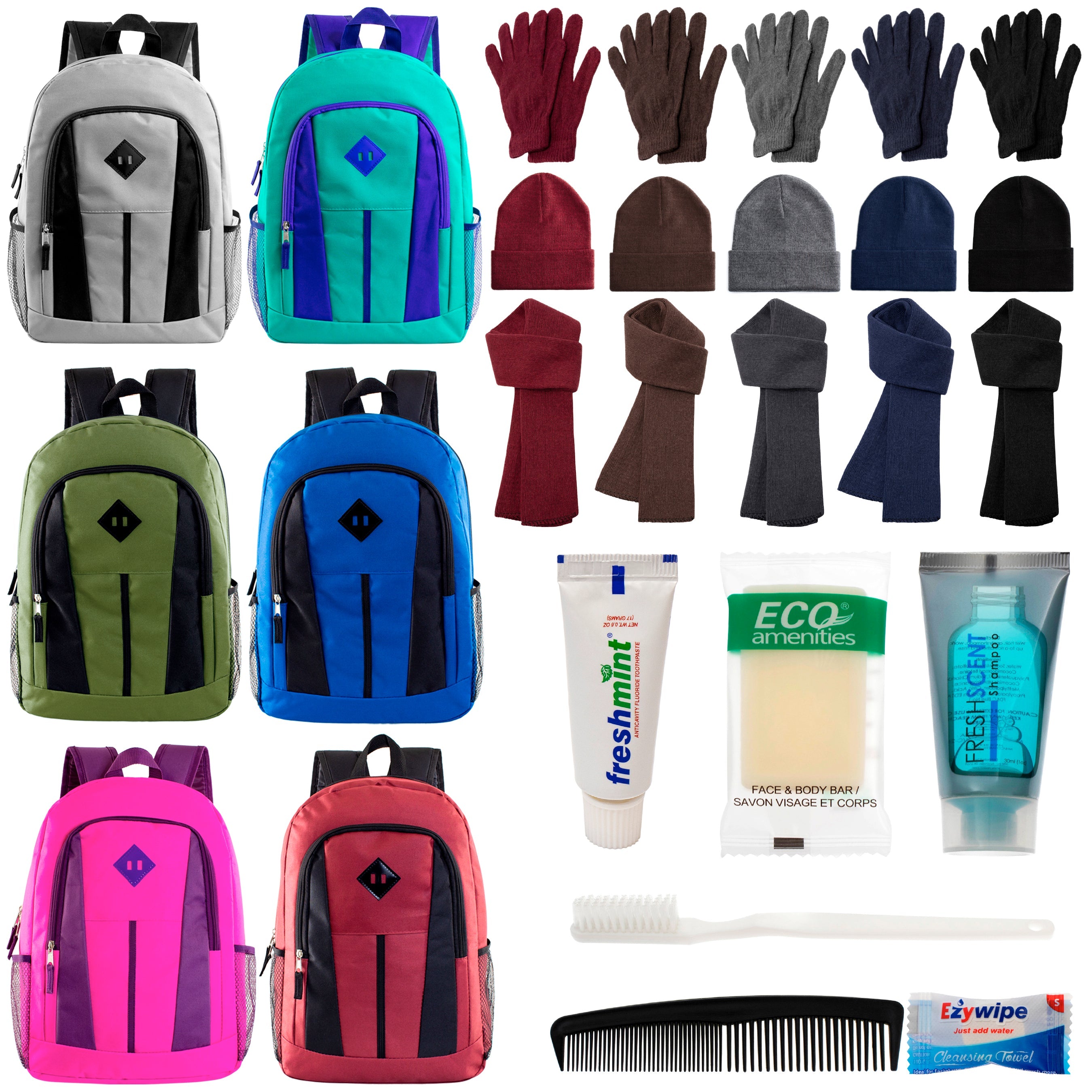 12 Multi-Color 17" Backpacks, 12 Winter Item Sets & Your Choice of 12 Bulk Hygiene Kits - Wholesale Homeless Care Package