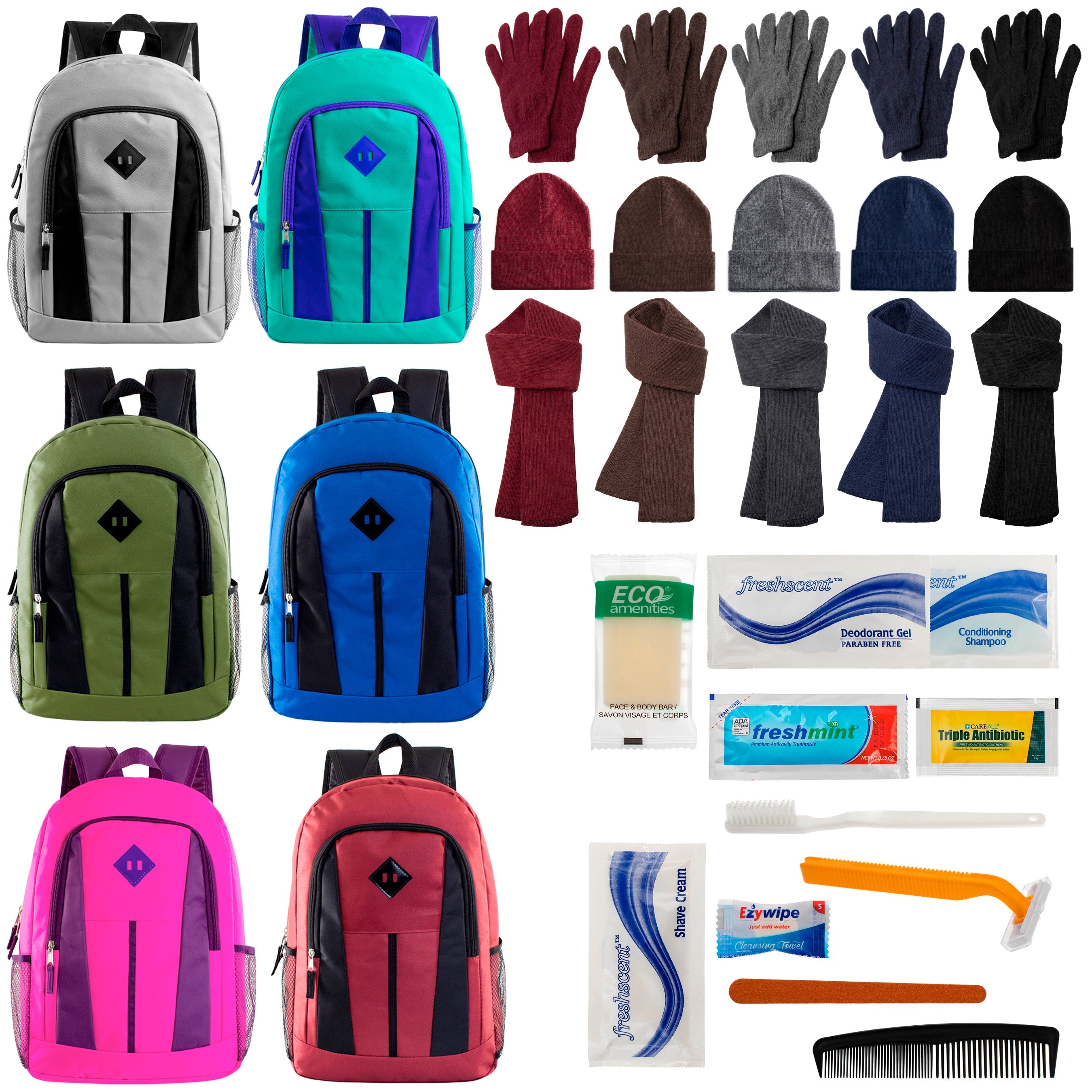 12 Multi-Color 17" Backpacks, 12 Winter Item Sets & Your Choice of 12 Bulk Hygiene Kits - Wholesale Homeless Care Package