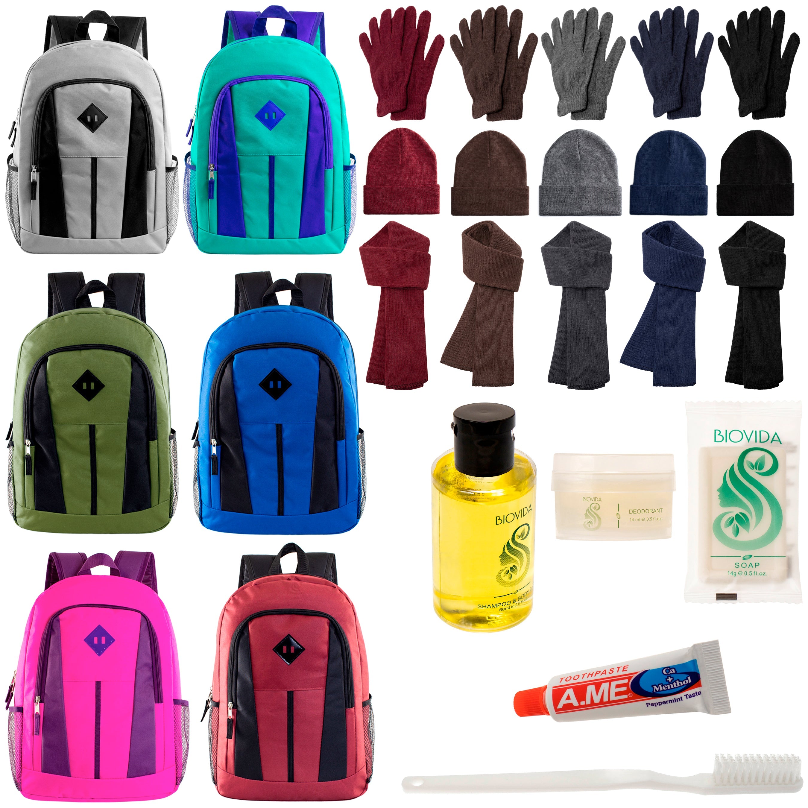 12 Multi-Color 17" Backpacks, 12 Winter Item Sets & Your Choice of 12 Bulk Hygiene Kits - Wholesale Homeless Care Package