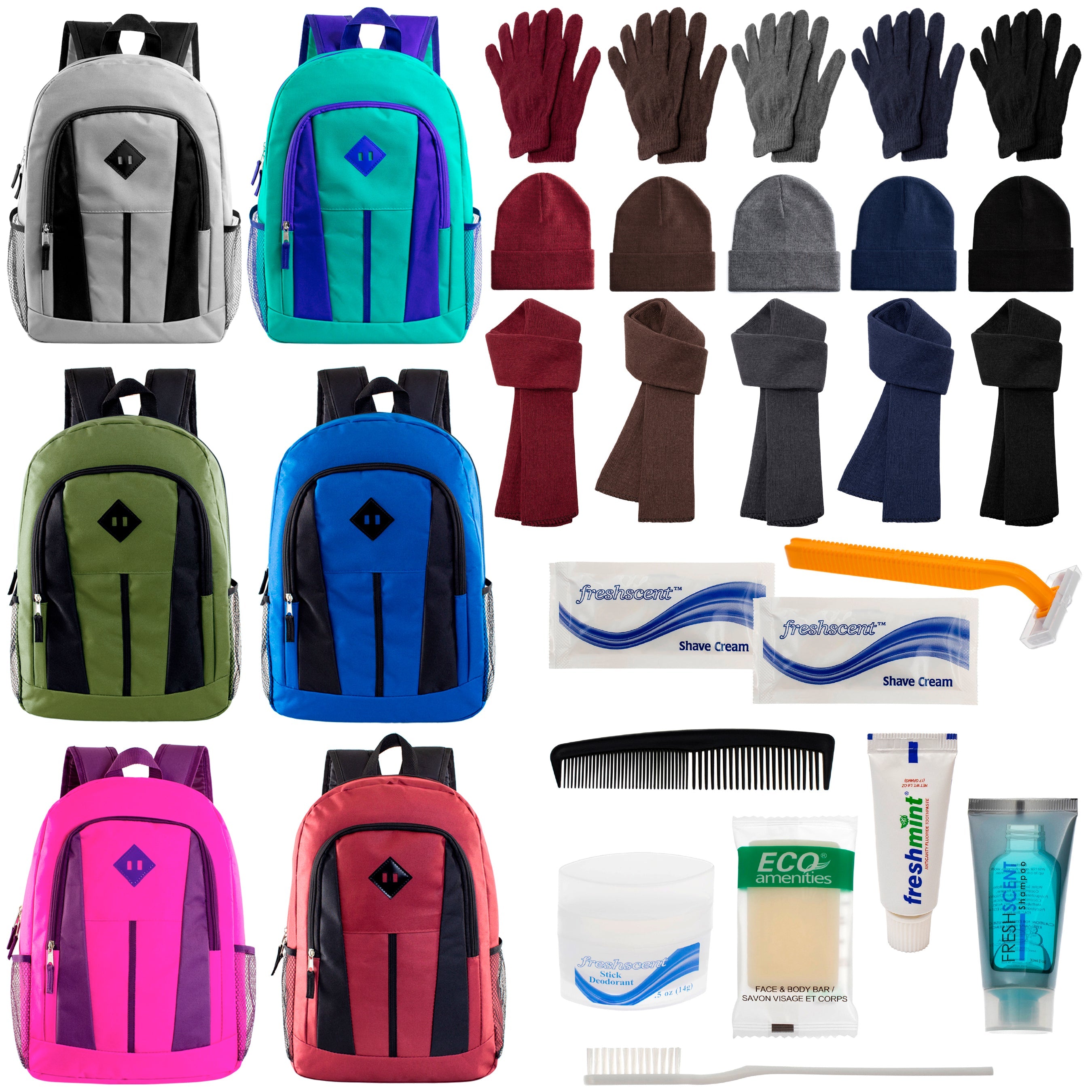 12 Multi-Color 17" Backpacks, 12 Winter Item Sets & Your Choice of 12 Bulk Hygiene Kits - Wholesale Homeless Care Package