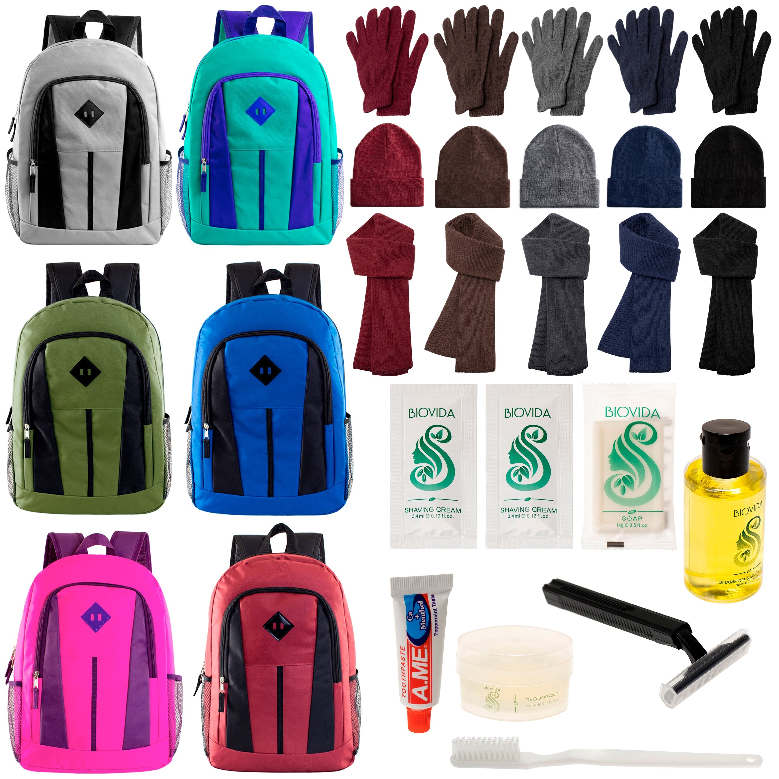 12 Multi-Color 17" Backpacks, 12 Winter Item Sets & Your Choice of 12 Bulk Hygiene Kits - Wholesale Homeless Care Package