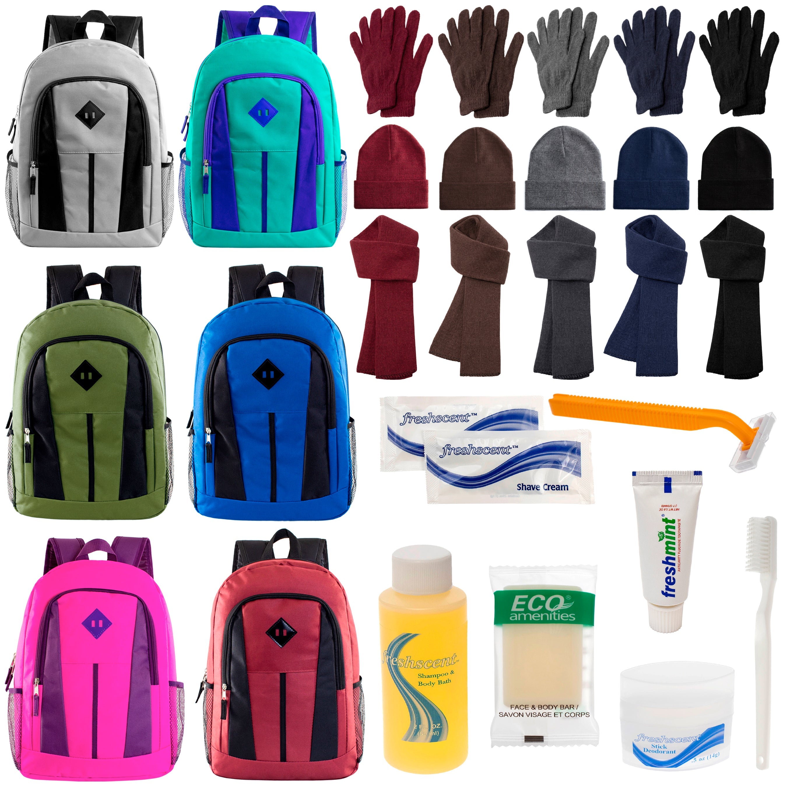 12 Multi-Color 17" Backpacks, 12 Winter Item Sets & Your Choice of 12 Bulk Hygiene Kits - Wholesale Homeless Care Package