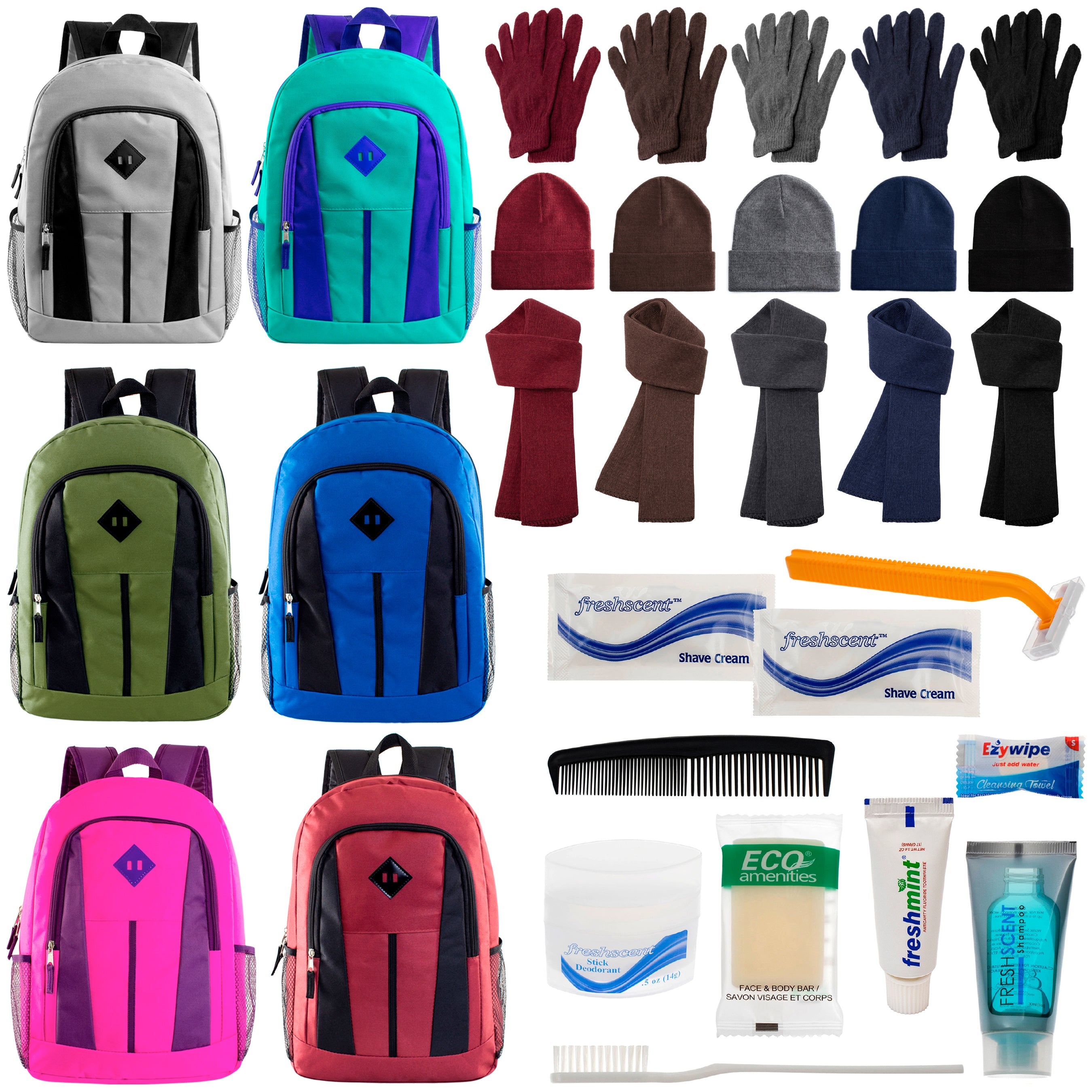 12 Multi-Color 17" Backpacks, 12 Winter Item Sets & Your Choice of 12 Bulk Hygiene Kits - Wholesale Homeless Care Package