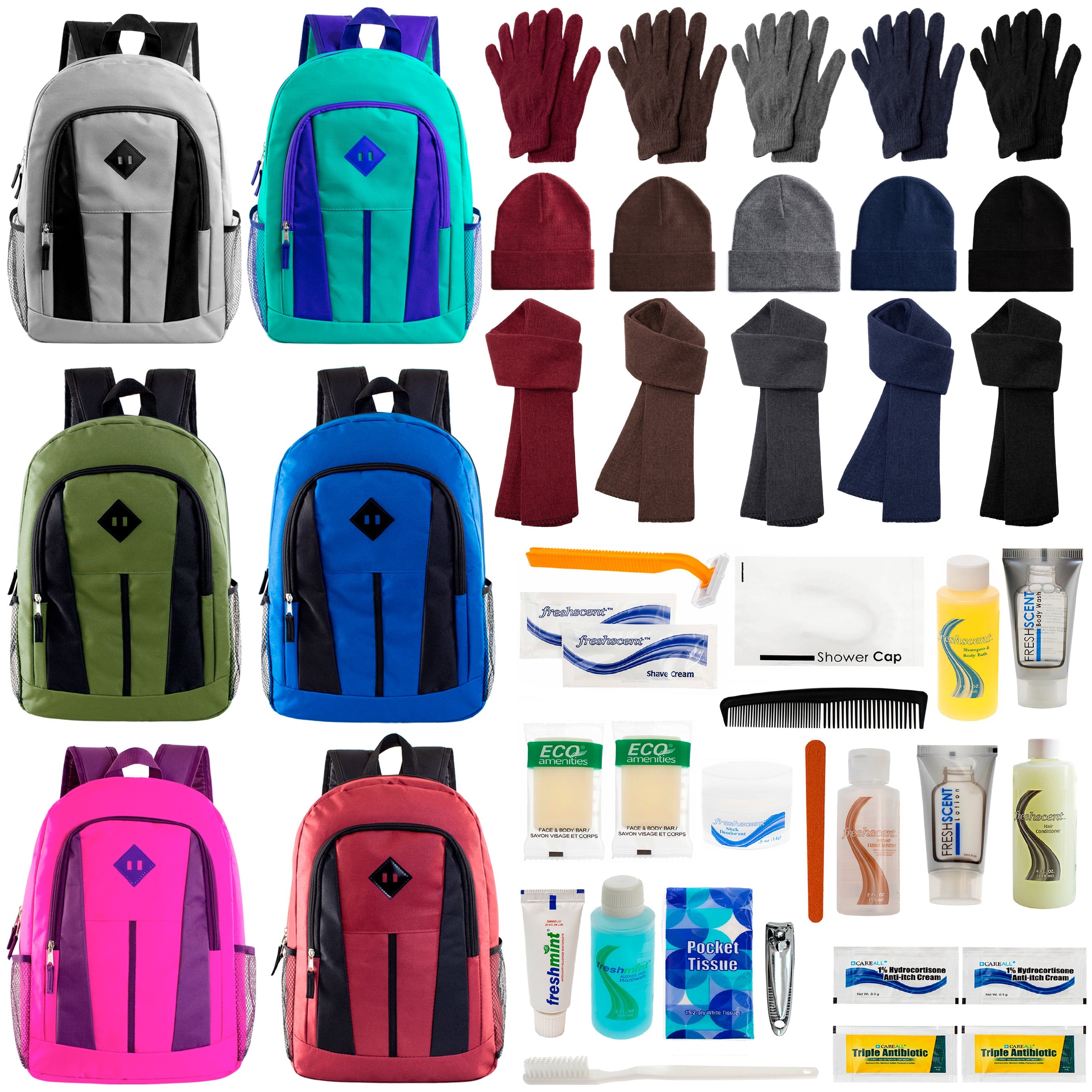 12 Multi-Color 17" Backpacks, 12 Winter Item Sets & Your Choice of 12 Bulk Hygiene Kits - Wholesale Homeless Care Package