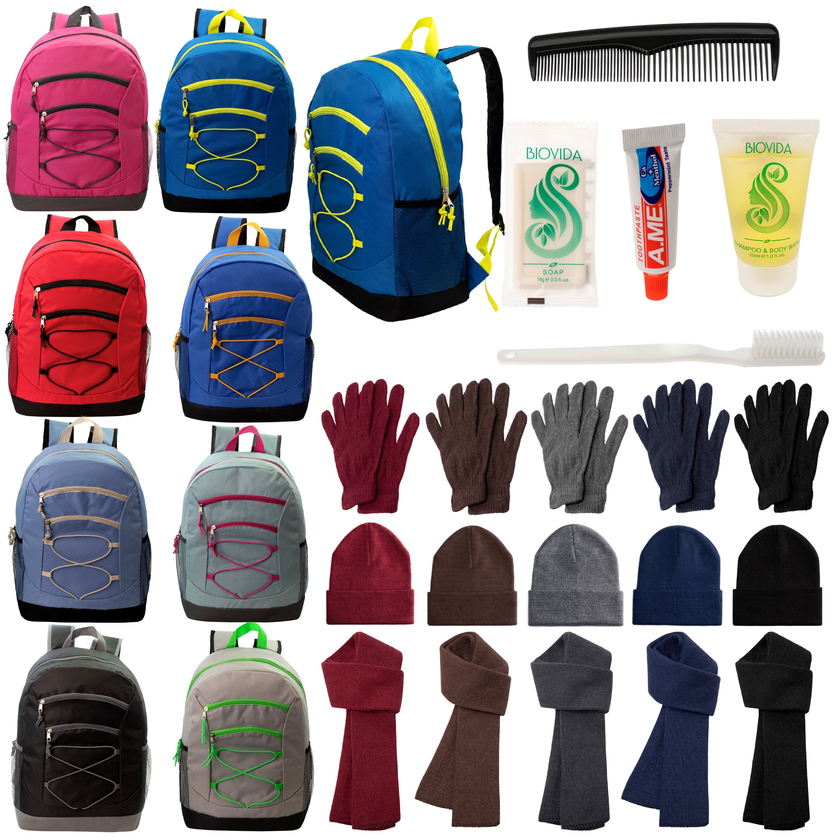 12 Bungee 17" Backpacks in 8 Colors, 12 Winter Item Sets & Your Choice of 12 Bulk Hygiene Kits - Wholesale Homeless Care Package