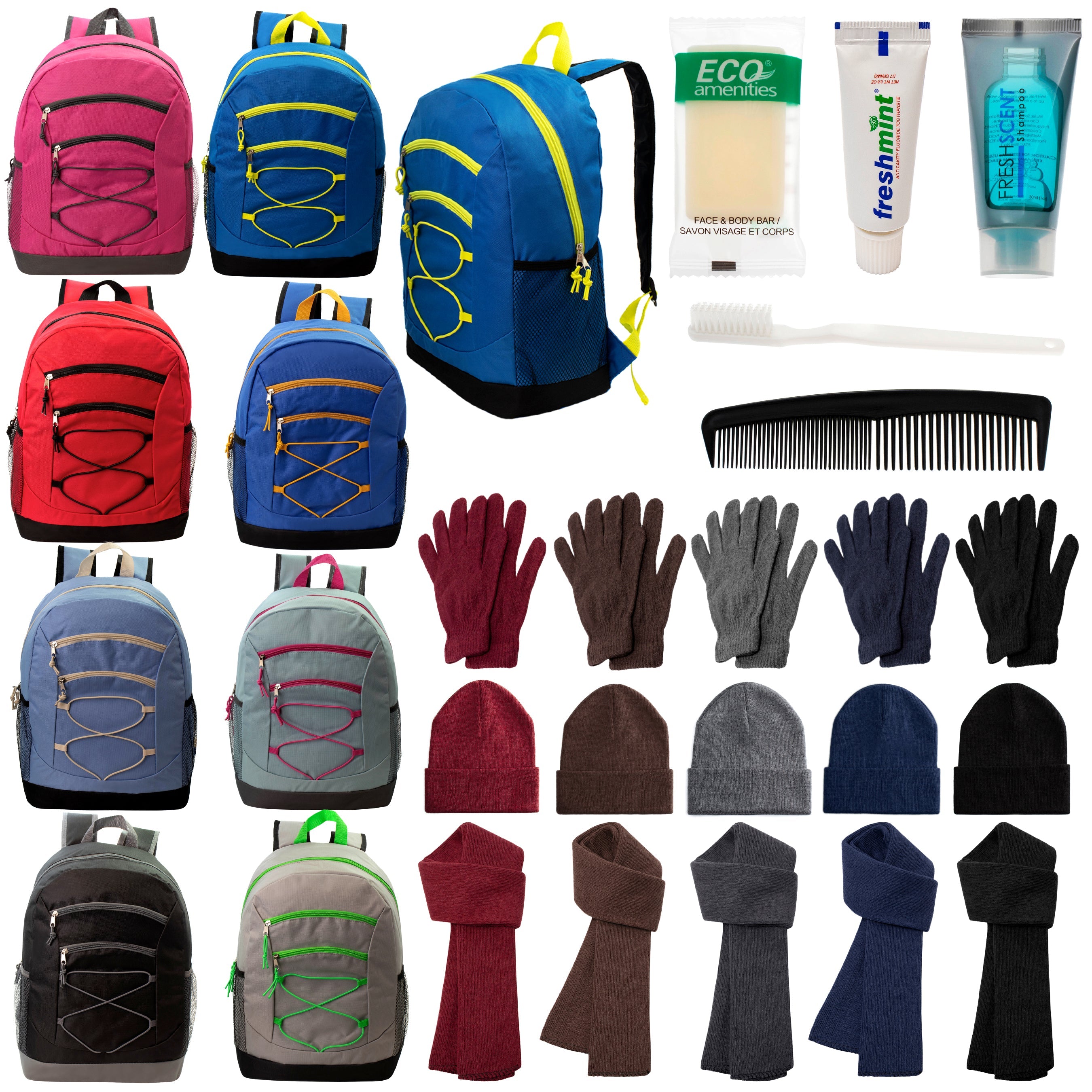 12 Bungee 17" Backpacks in 8 Colors, 12 Winter Item Sets & Your Choice of 12 Bulk Hygiene Kits - Wholesale Homeless Care Package