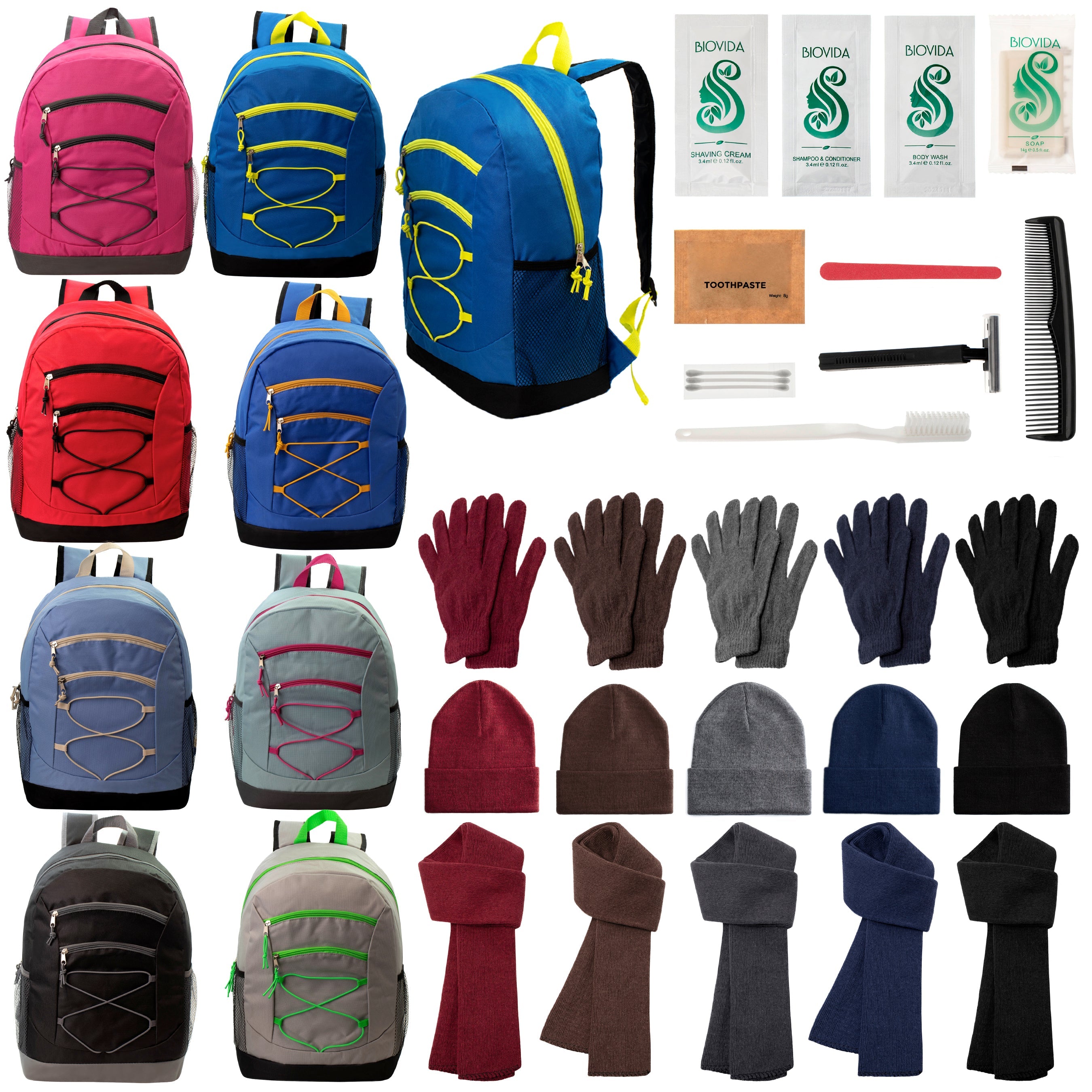 12 Bungee 17" Backpacks in 8 Colors, 12 Winter Item Sets & Your Choice of 12 Bulk Hygiene Kits - Wholesale Homeless Care Package