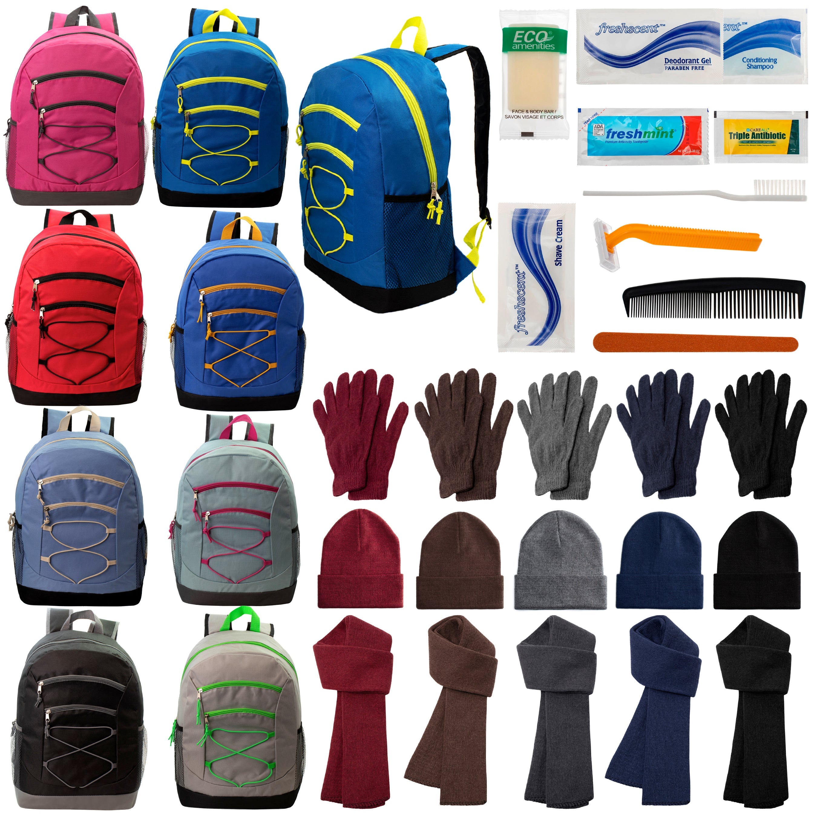 12 Bungee 17" Backpacks in 8 Colors, 12 Winter Item Sets & Your Choice of 12 Bulk Hygiene Kits - Wholesale Homeless Care Package