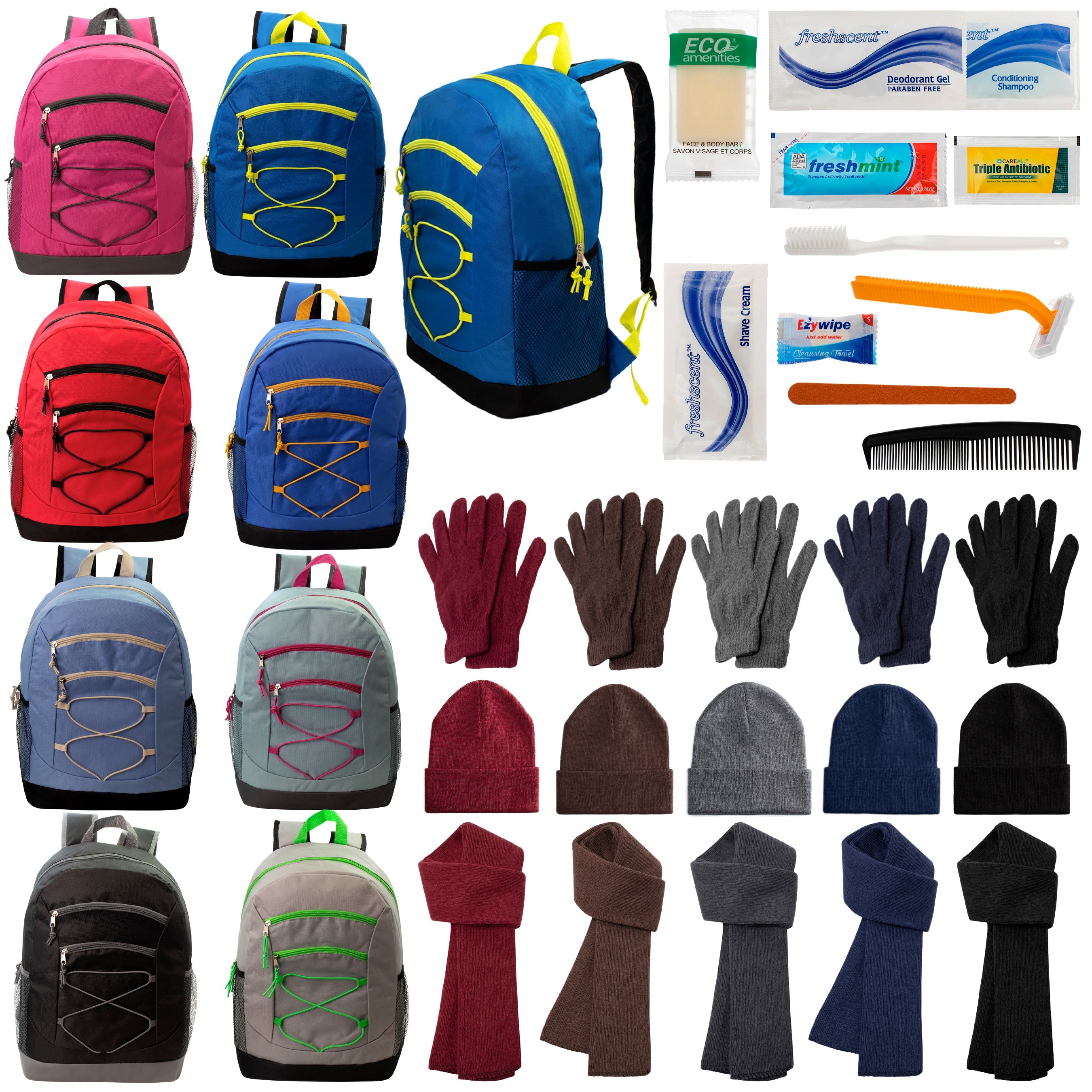 12 Bungee 17" Backpacks in 8 Colors, 12 Winter Item Sets & Your Choice of 12 Bulk Hygiene Kits - Wholesale Homeless Care Package