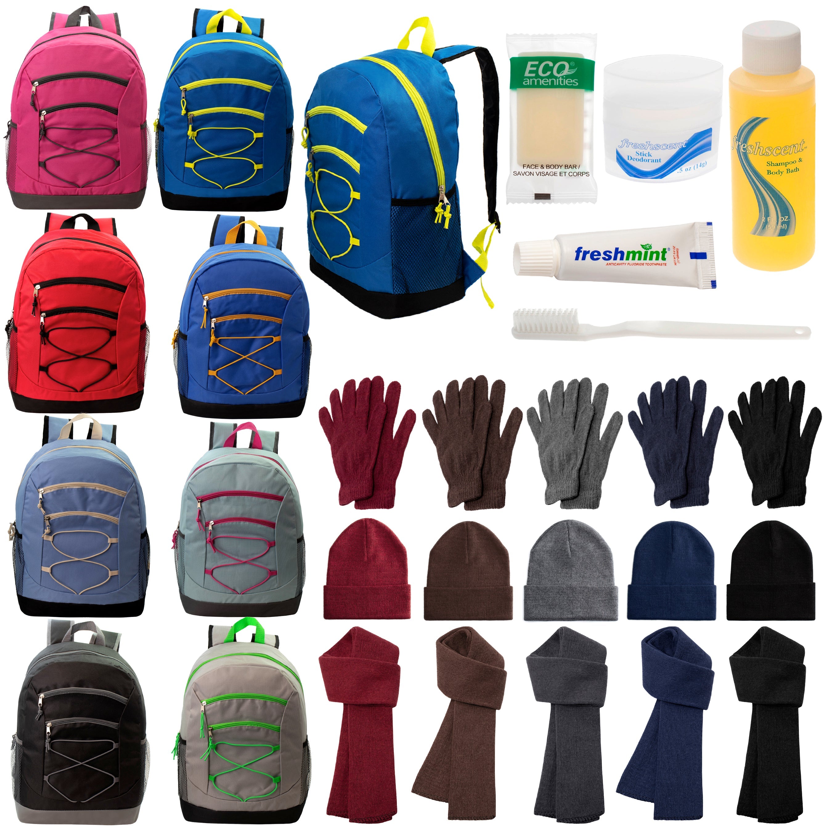 12 Bungee 17" Backpacks in 8 Colors, 12 Winter Item Sets & Your Choice of 12 Bulk Hygiene Kits - Wholesale Homeless Care Package