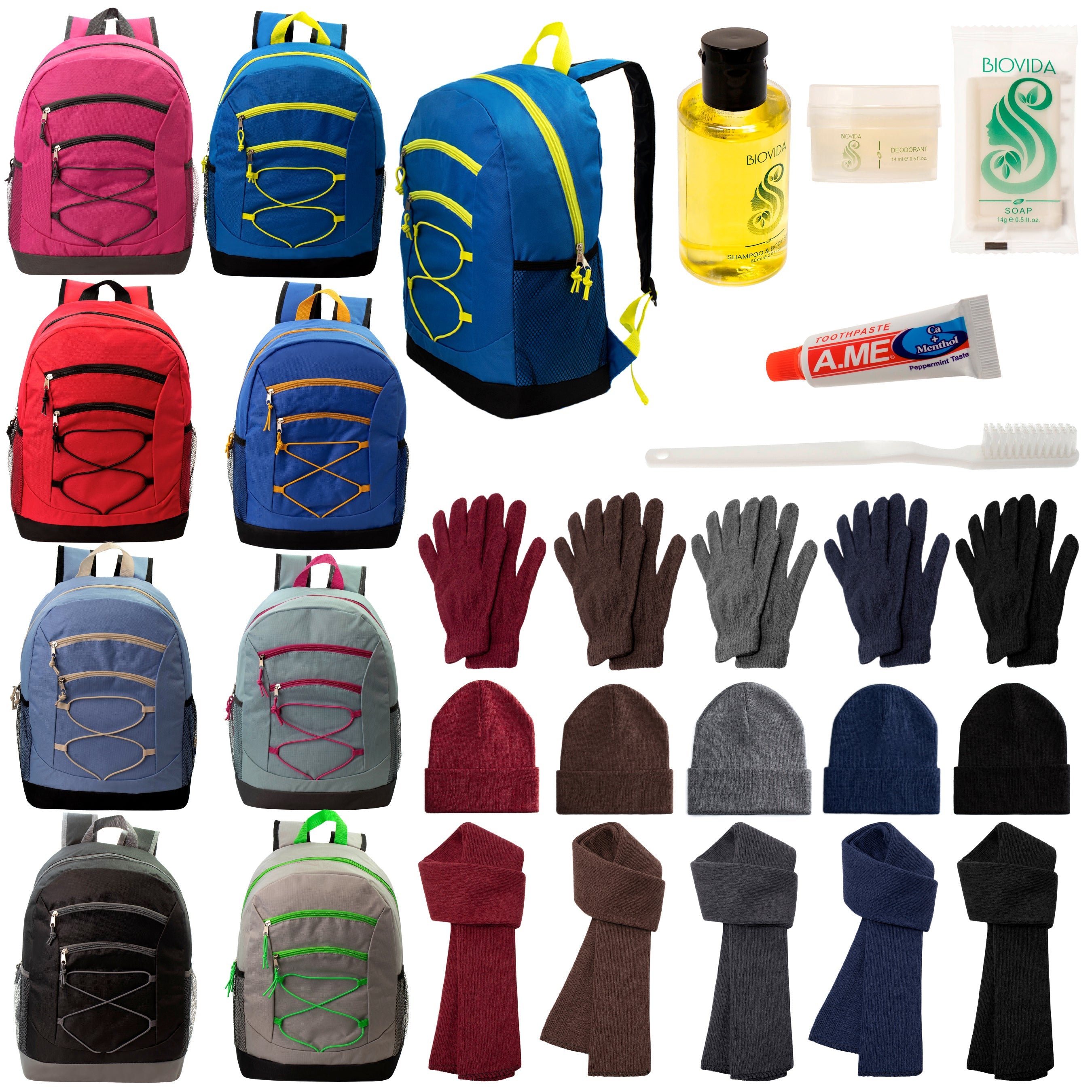 12 Bungee 17" Backpacks in 8 Colors, 12 Winter Item Sets & Your Choice of 12 Bulk Hygiene Kits - Wholesale Homeless Care Package