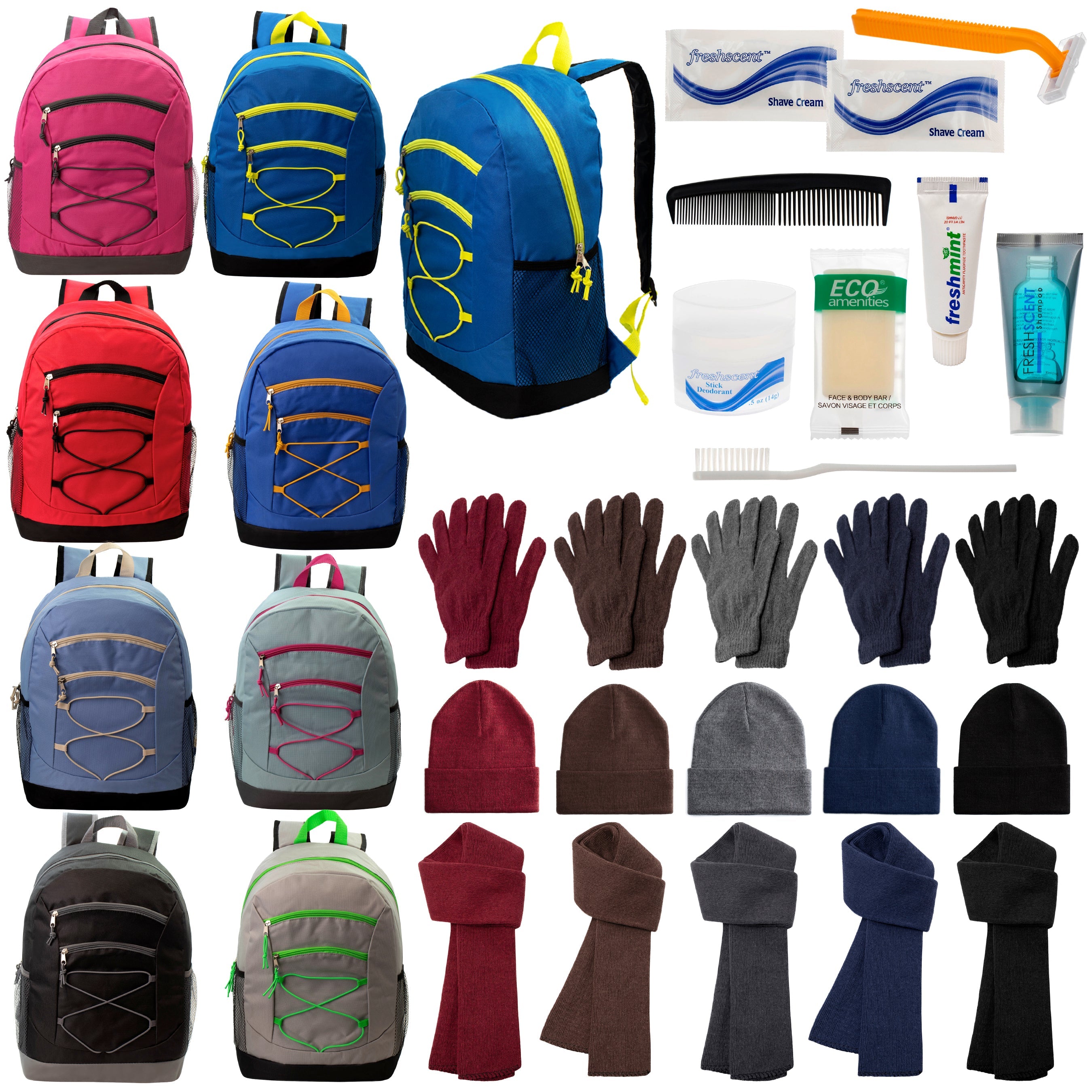 12 Bungee 17" Backpacks in 8 Colors, 12 Winter Item Sets & Your Choice of 12 Bulk Hygiene Kits - Wholesale Homeless Care Package