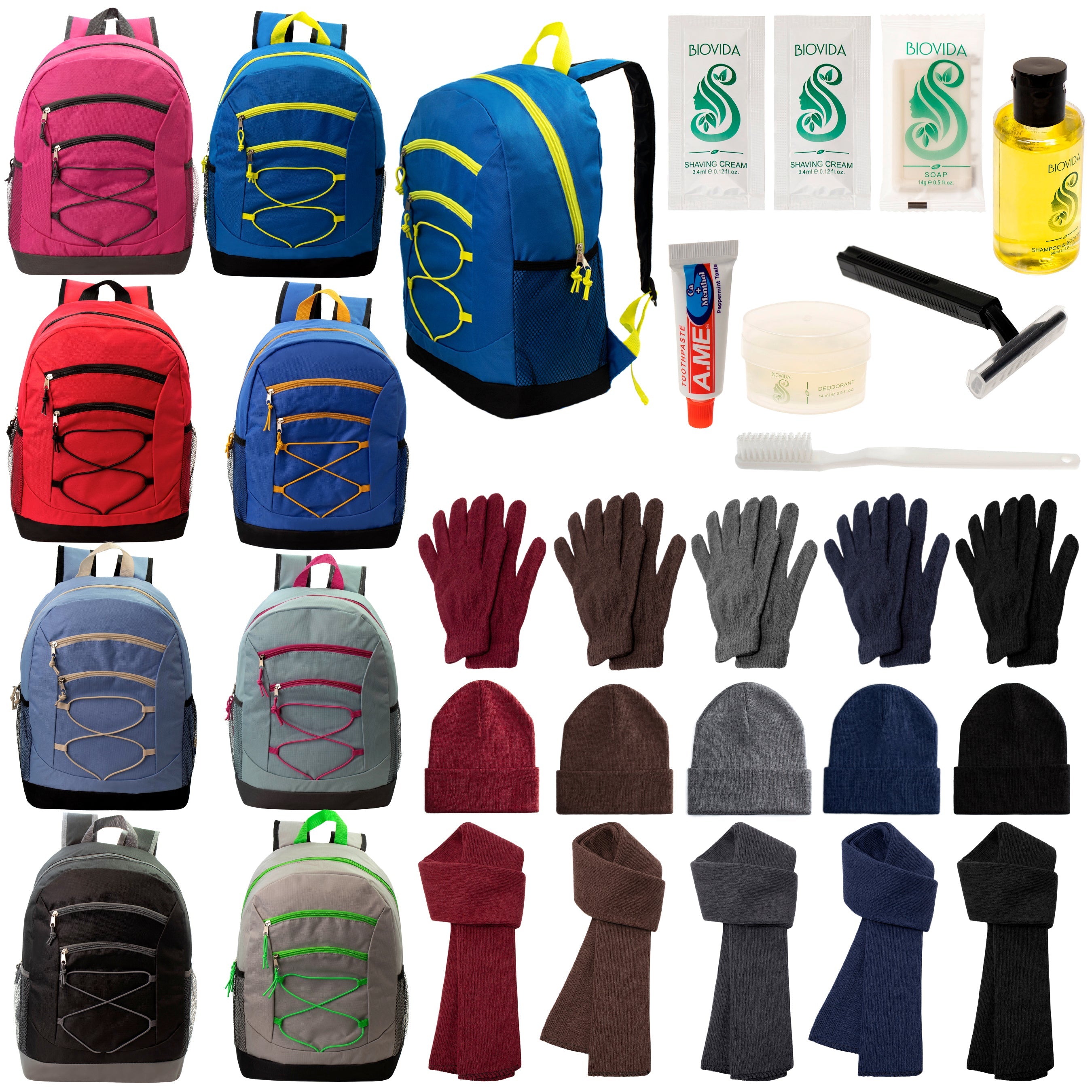 12 Bungee 17" Backpacks in 8 Colors, 12 Winter Item Sets & Your Choice of 12 Bulk Hygiene Kits - Wholesale Homeless Care Package