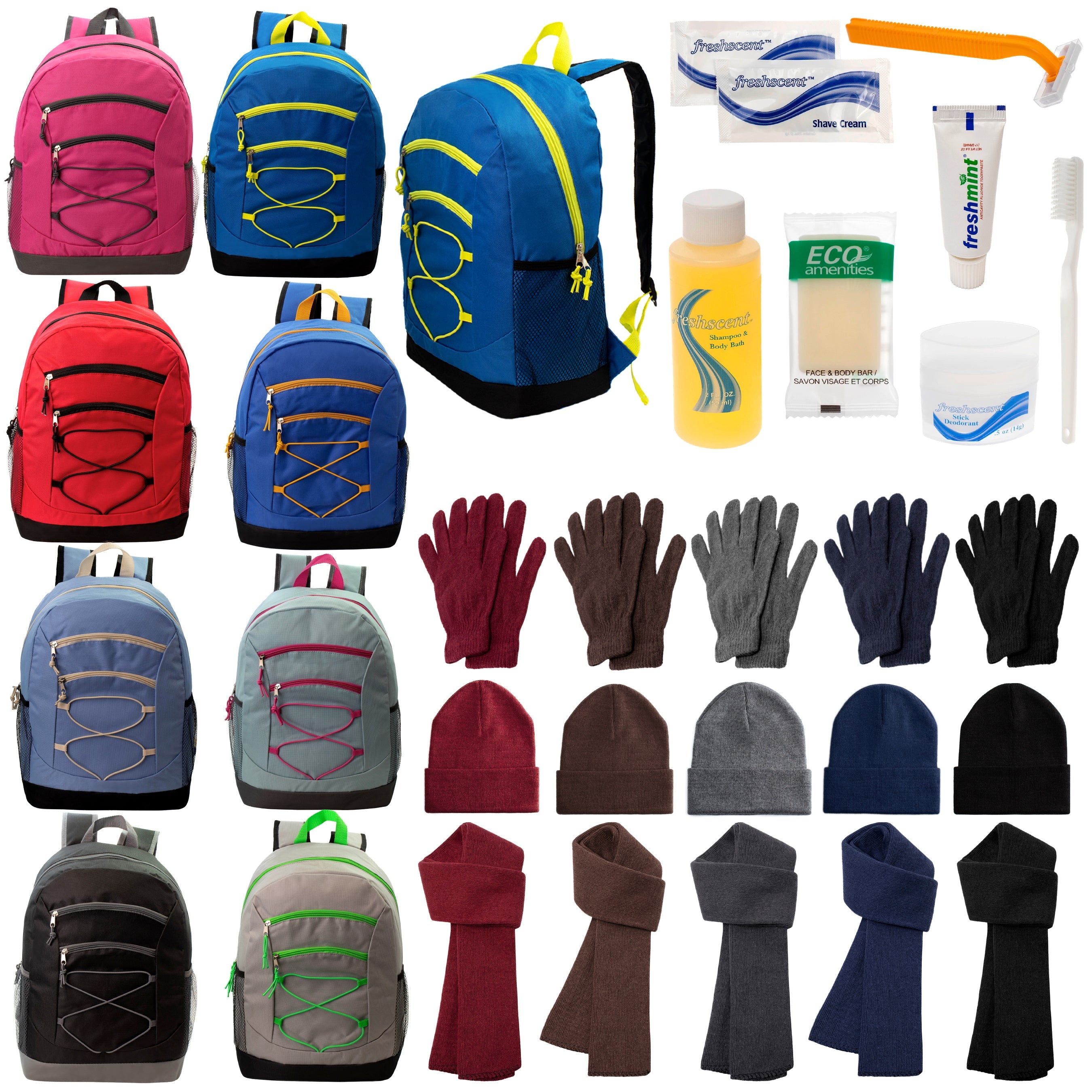 12 Bungee 17" Backpacks in 8 Colors, 12 Winter Item Sets & Your Choice of 12 Bulk Hygiene Kits - Wholesale Homeless Care Package