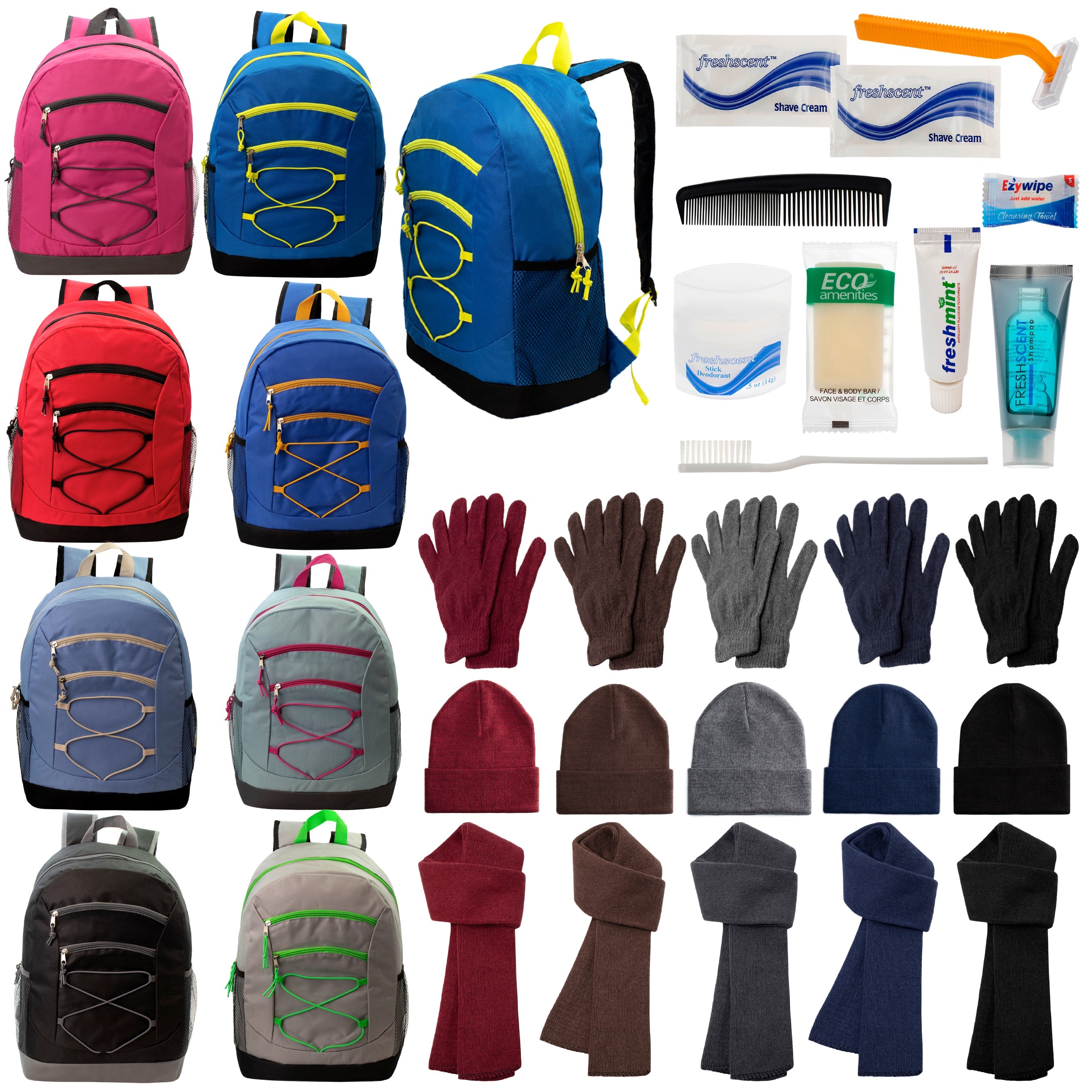 12 Bungee 17" Backpacks in 8 Colors, 12 Winter Item Sets & Your Choice of 12 Bulk Hygiene Kits - Wholesale Homeless Care Package