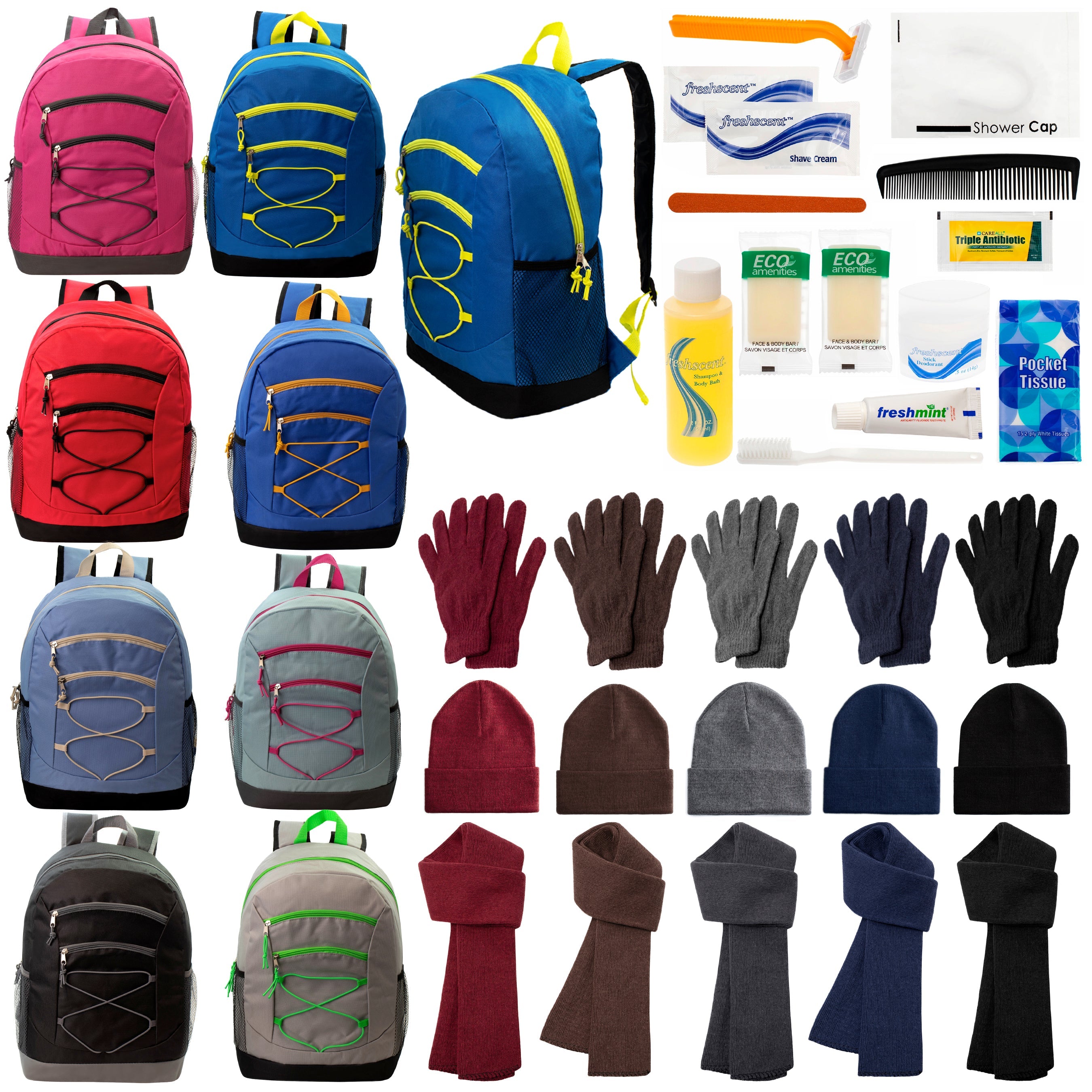 12 Bungee 17" Backpacks in 8 Colors, 12 Winter Item Sets & Your Choice of 12 Bulk Hygiene Kits - Wholesale Homeless Care Package