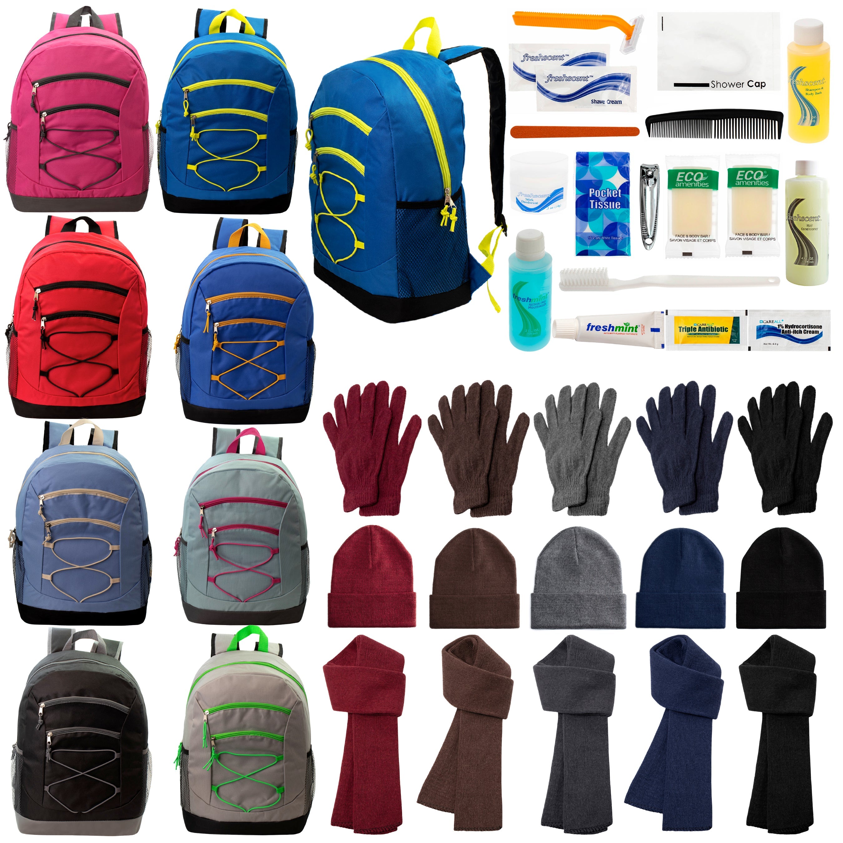 12 Bungee 17" Backpacks in 8 Colors, 12 Winter Item Sets & Your Choice of 12 Bulk Hygiene Kits - Wholesale Homeless Care Package