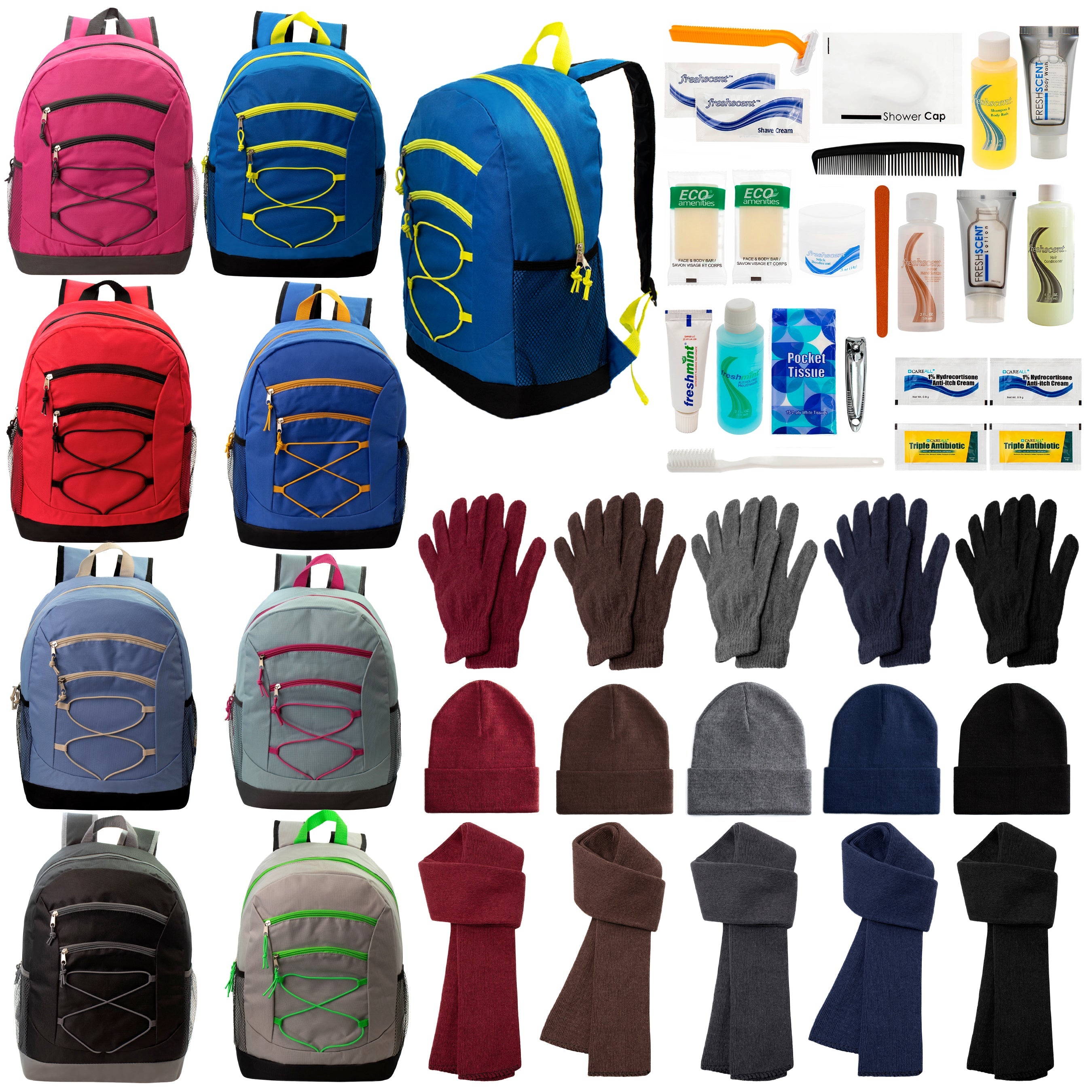 12 Bungee 17" Backpacks in 8 Colors, 12 Winter Item Sets & Your Choice of 12 Bulk Hygiene Kits - Wholesale Homeless Care Package