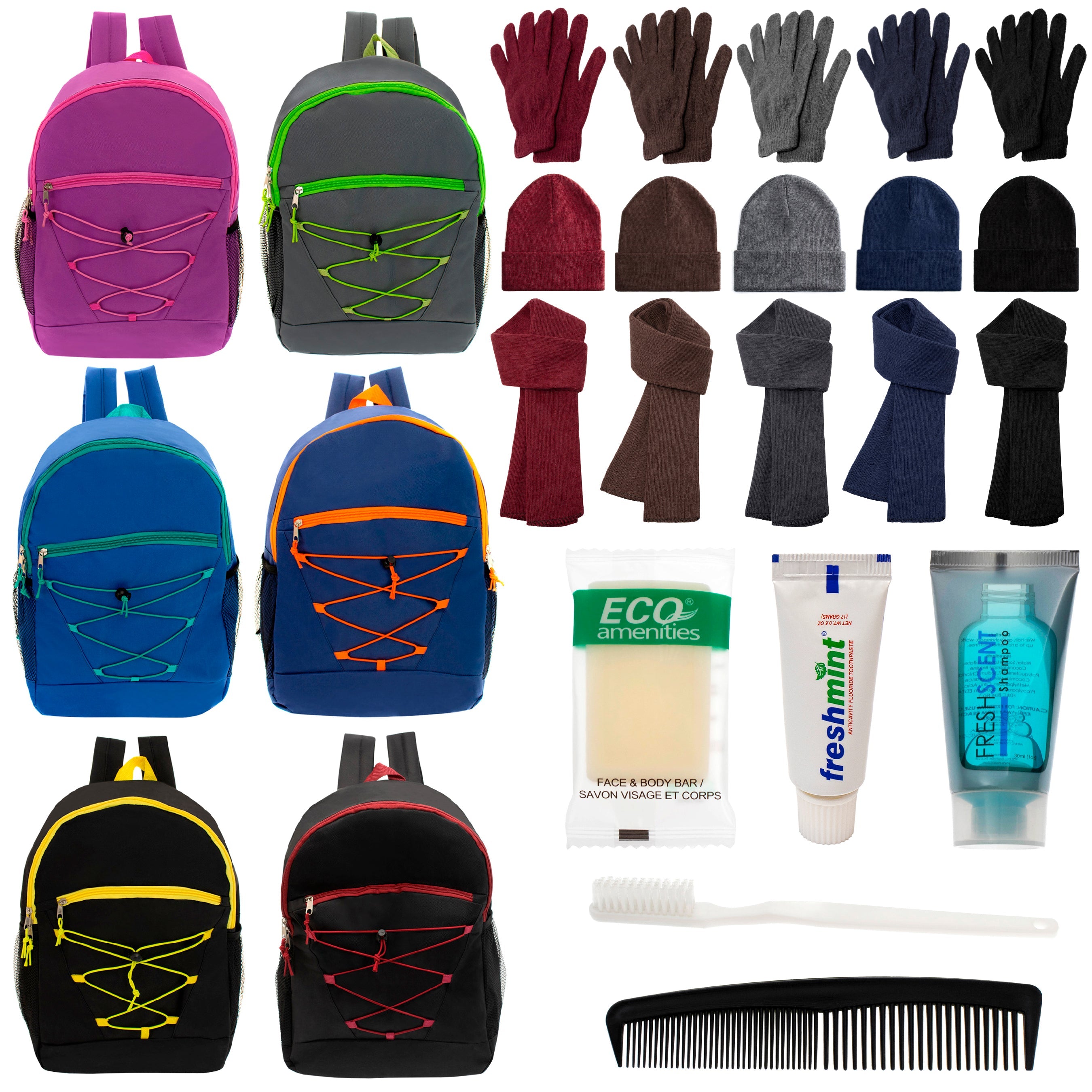 12 Bungee 17" Backpacks in 6 Colors, 12 Winter Item Sets & Your Choice of 12 Bulk Hygiene Kits - Wholesale Homeless Care Package