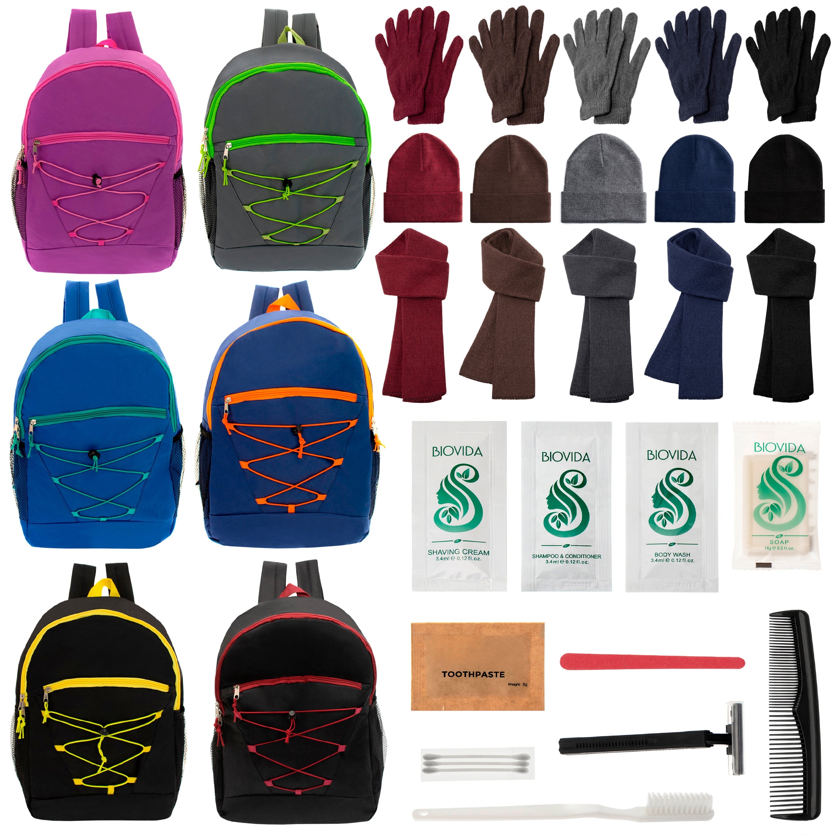 12 Bungee 17" Backpacks in 6 Colors, 12 Winter Item Sets & Your Choice of 12 Bulk Hygiene Kits - Wholesale Homeless Care Package