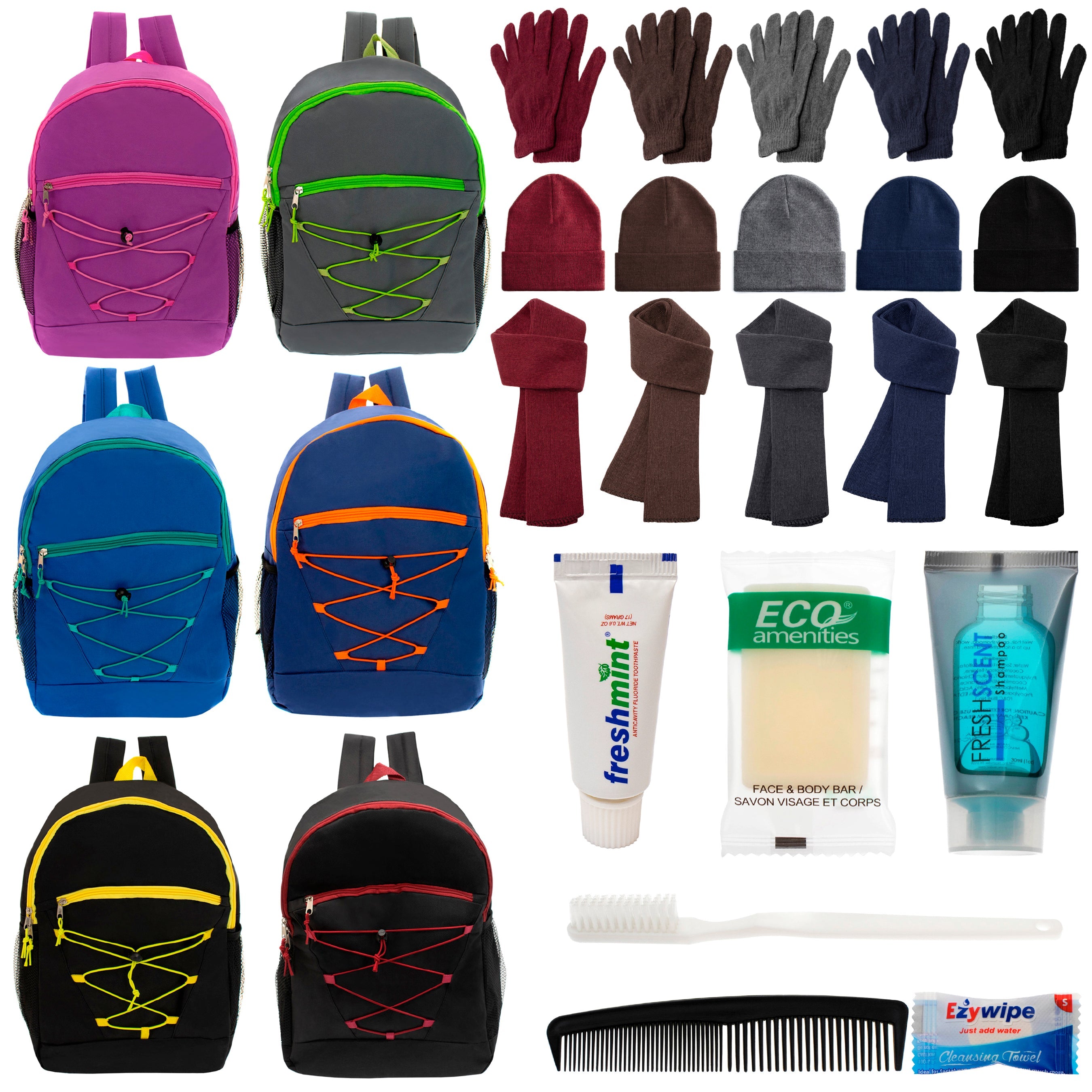 12 Bungee 17" Backpacks in 6 Colors, 12 Winter Item Sets & Your Choice of 12 Bulk Hygiene Kits - Wholesale Homeless Care Package