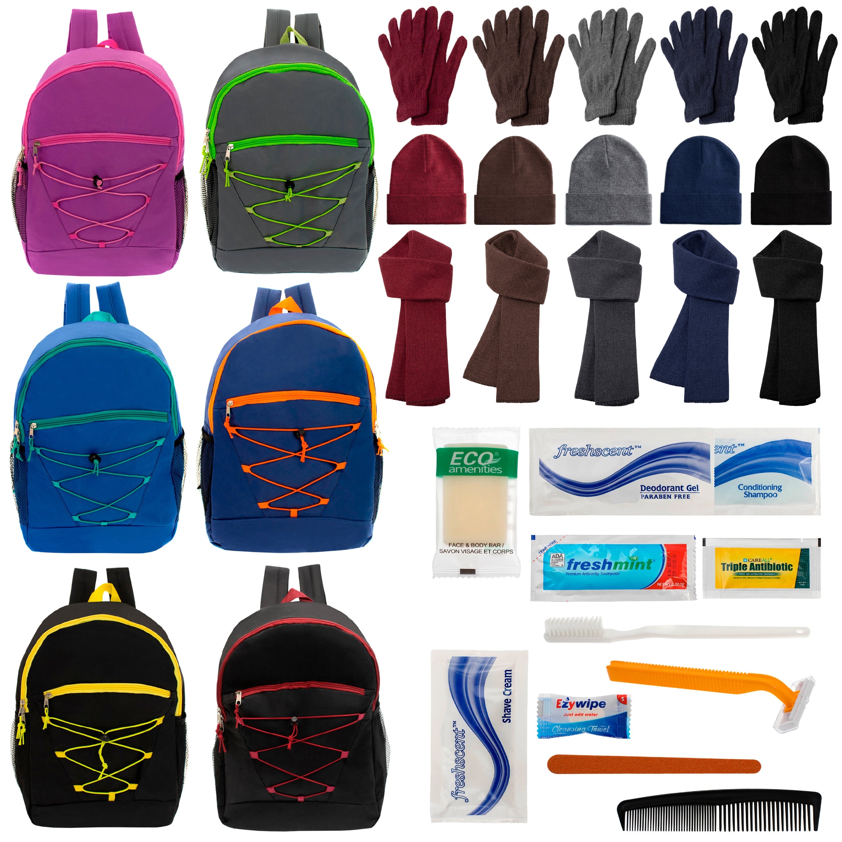 12 Bungee 17" Backpacks in 6 Colors, 12 Winter Item Sets & Your Choice of 12 Bulk Hygiene Kits - Wholesale Homeless Care Package