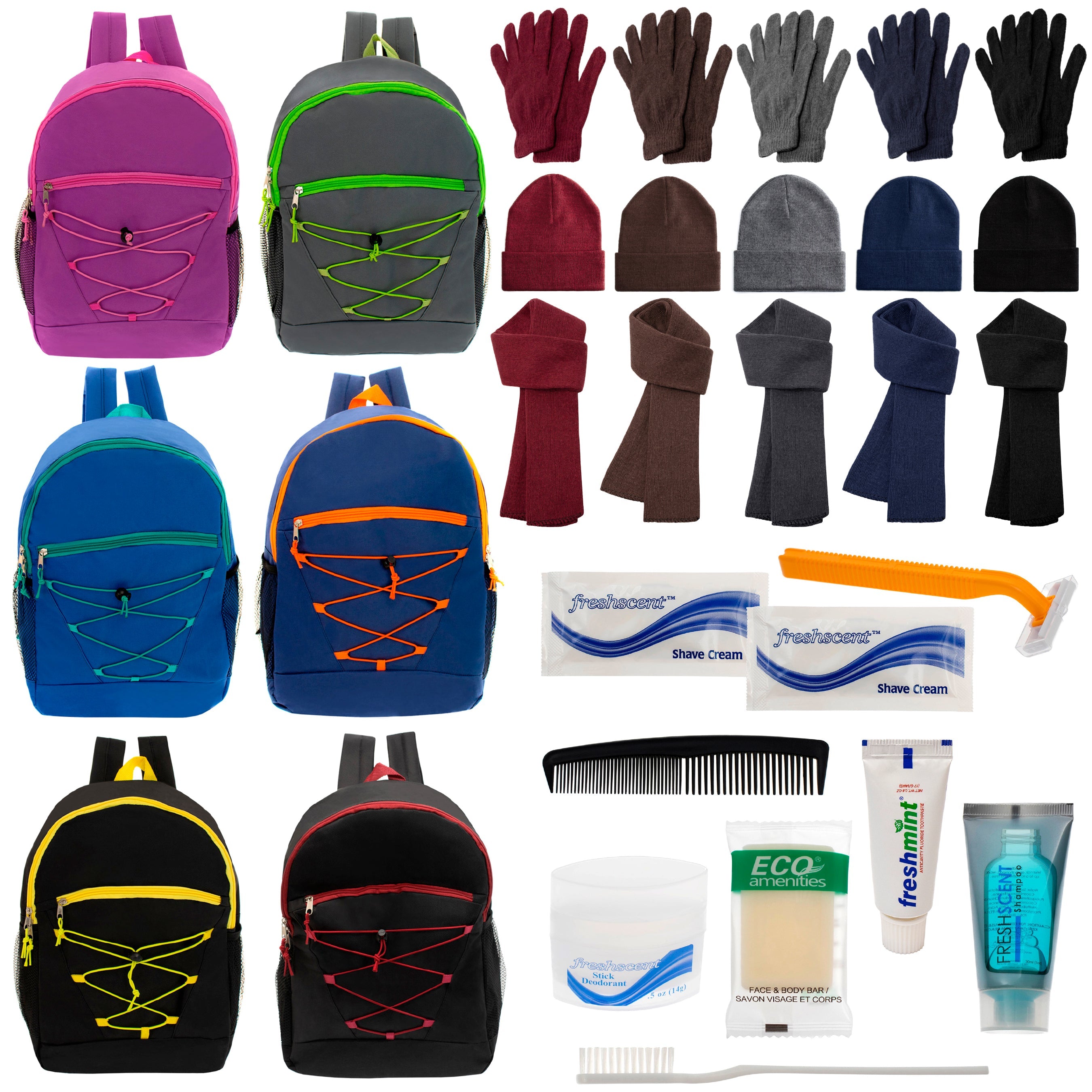 12 Bungee 17" Backpacks in 6 Colors, 12 Winter Item Sets & Your Choice of 12 Bulk Hygiene Kits - Wholesale Homeless Care Package