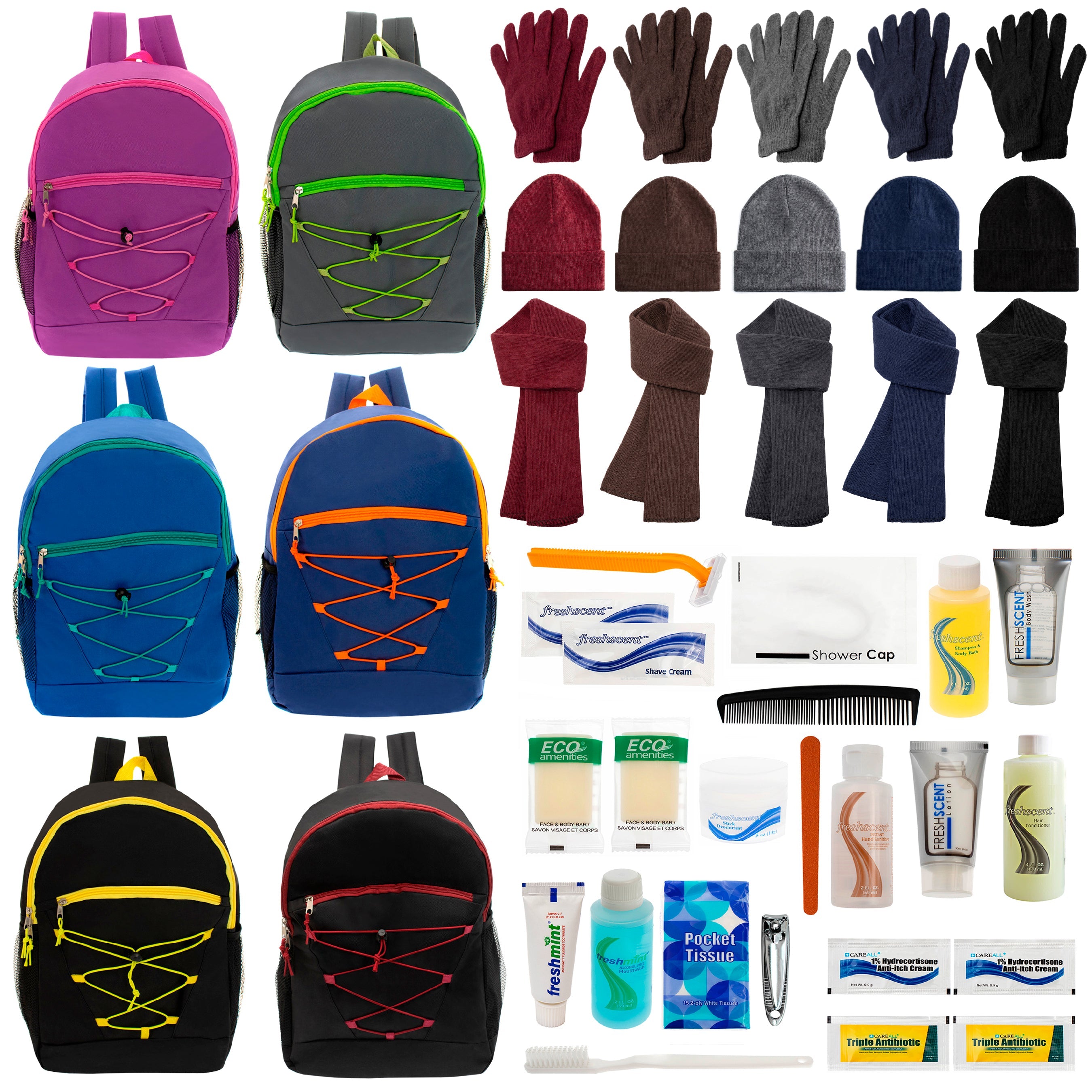 12 Bungee 17" Backpacks in 6 Colors, 12 Winter Item Sets & Your Choice of 12 Bulk Hygiene Kits - Wholesale Homeless Care Package