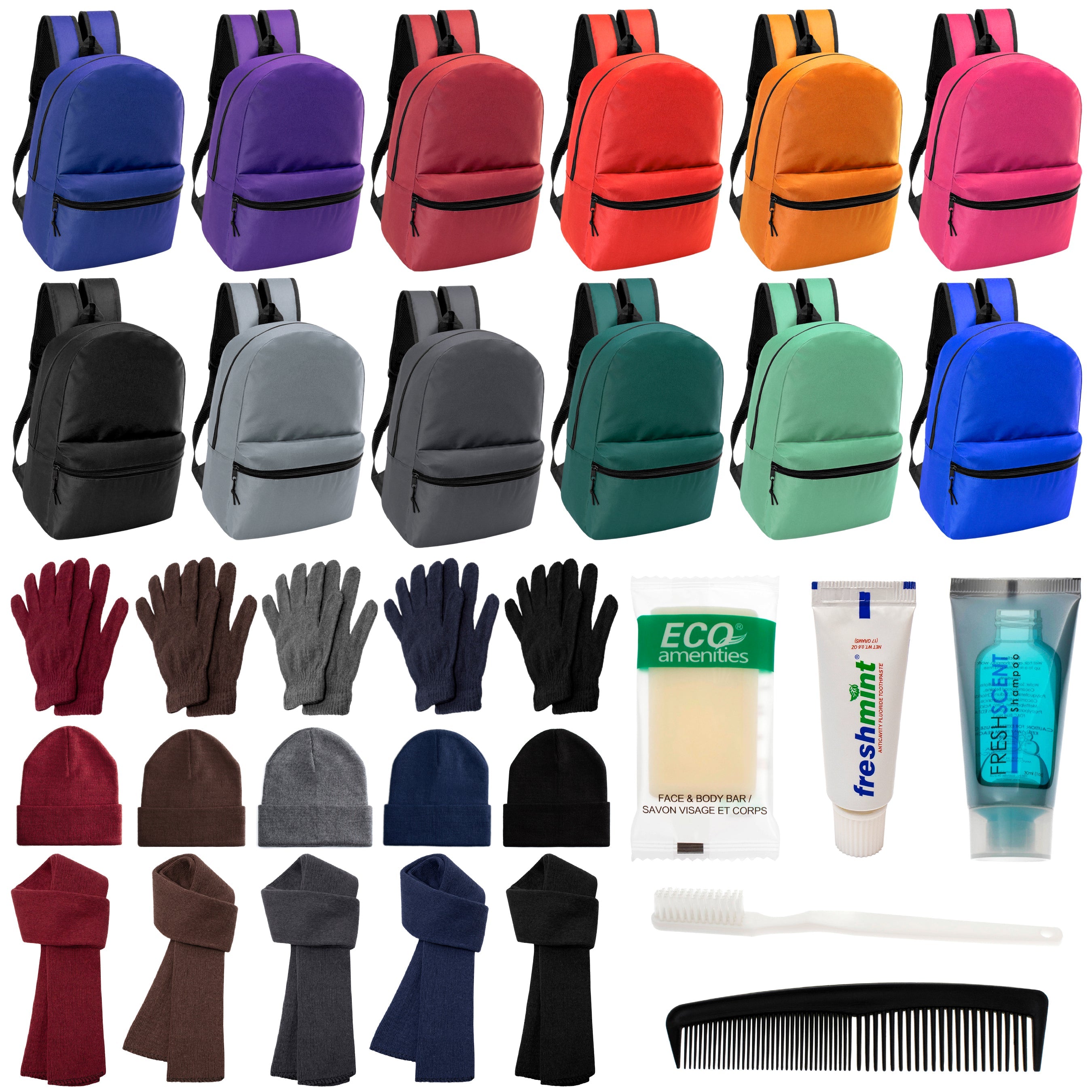 12 Basic 17" Backpacks in 12 Colors, 12 Winter Item Sets & Your Choice of 12 Bulk Hygiene Kits - Wholesale Homeless Care Package