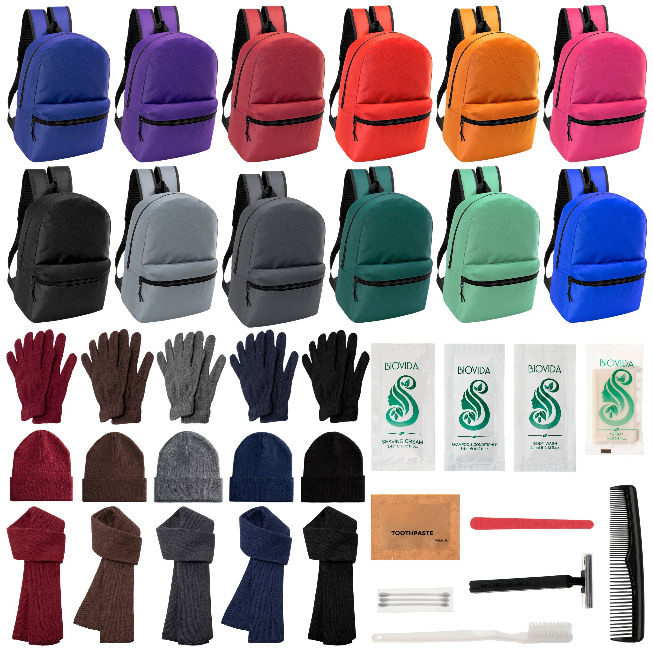 12 Basic 17" Backpacks in 12 Colors, 12 Winter Item Sets & Your Choice of 12 Bulk Hygiene Kits - Wholesale Homeless Care Package