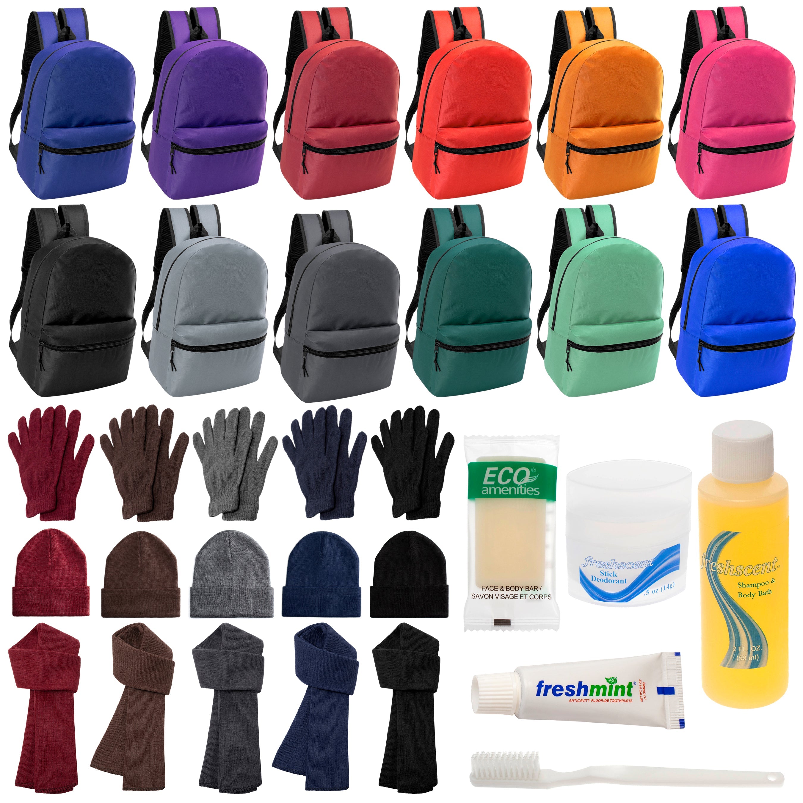 12 Basic 17" Backpacks in 12 Colors, 12 Winter Item Sets & Your Choice of 12 Bulk Hygiene Kits - Wholesale Homeless Care Package