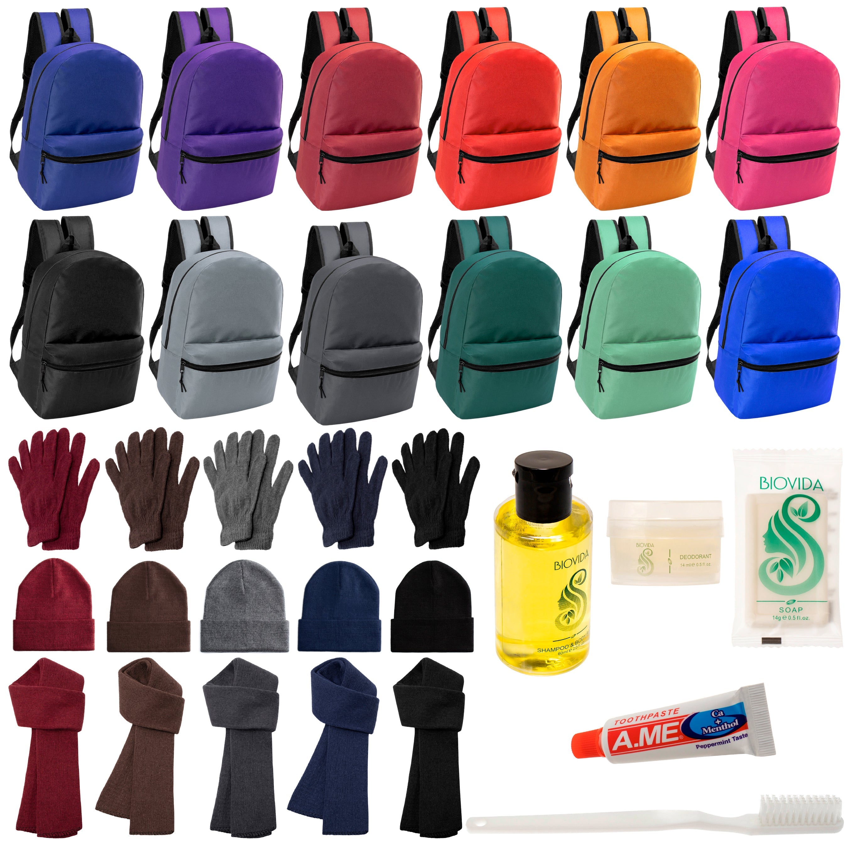 12 Basic 17" Backpacks in 12 Colors, 12 Winter Item Sets & Your Choice of 12 Bulk Hygiene Kits - Wholesale Homeless Care Package