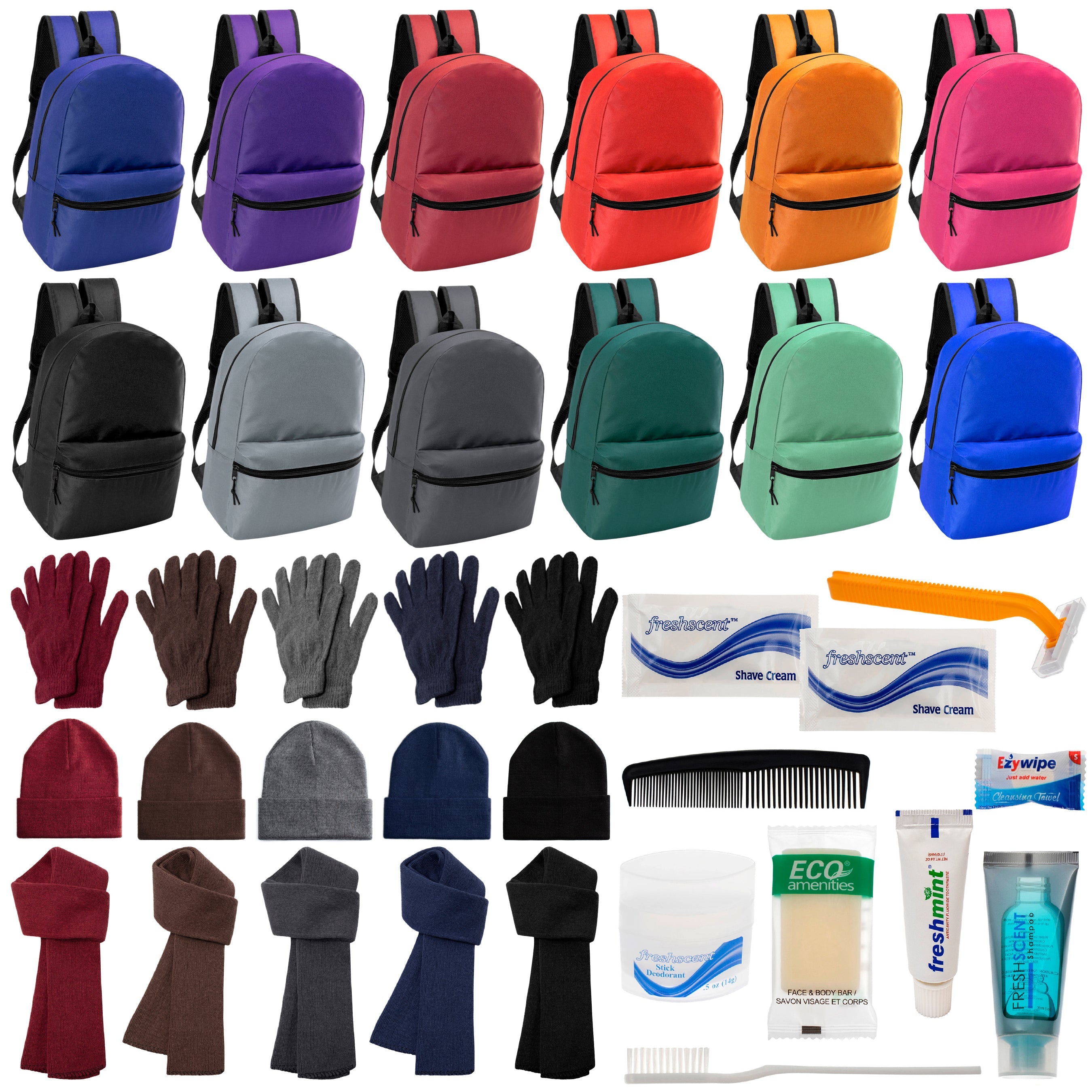 12 Basic 17" Backpacks in 12 Colors, 12 Winter Item Sets & Your Choice of 12 Bulk Hygiene Kits - Wholesale Homeless Care Package