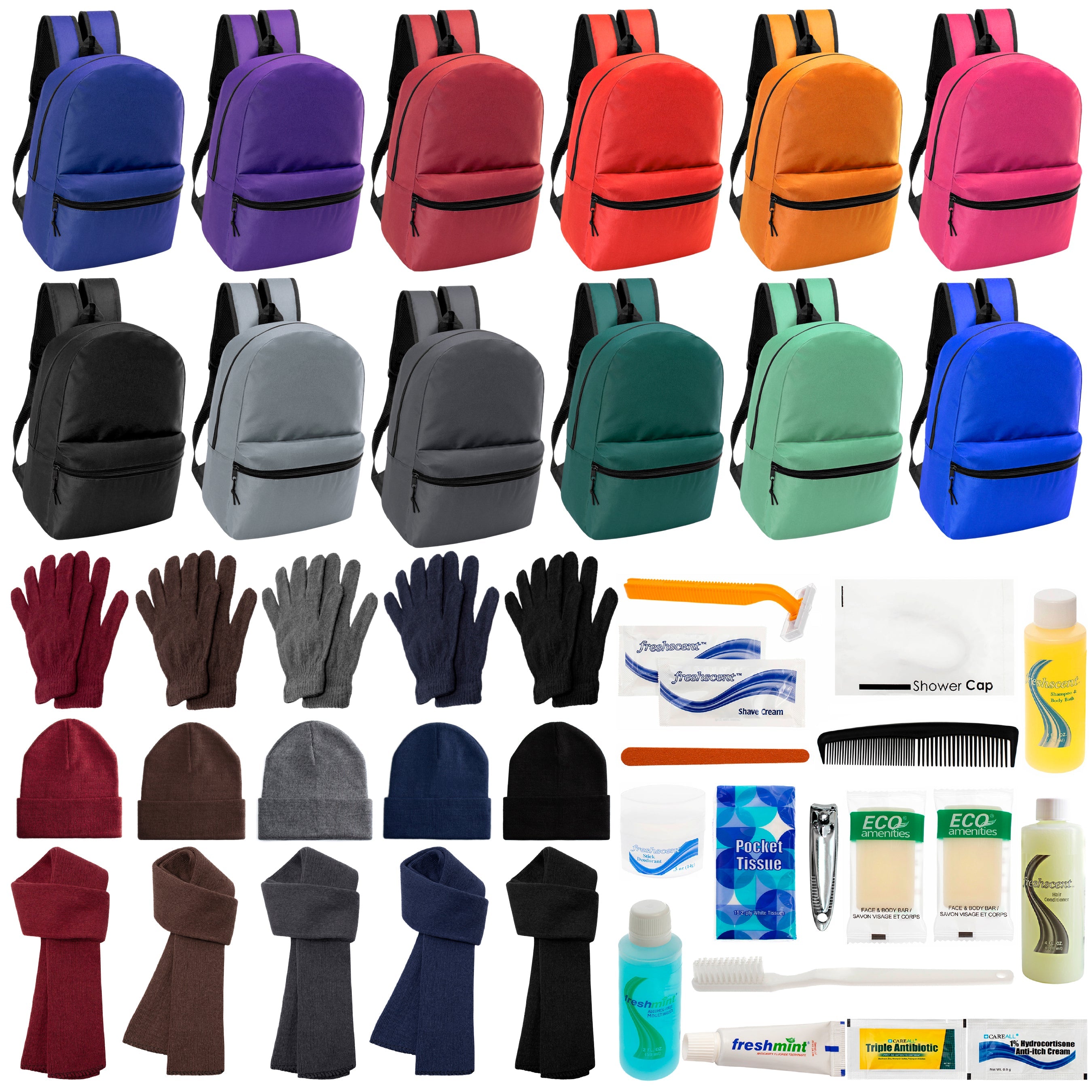 12 Basic 17" Backpacks in 12 Colors, 12 Winter Item Sets & Your Choice of 12 Bulk Hygiene Kits - Wholesale Homeless Care Package