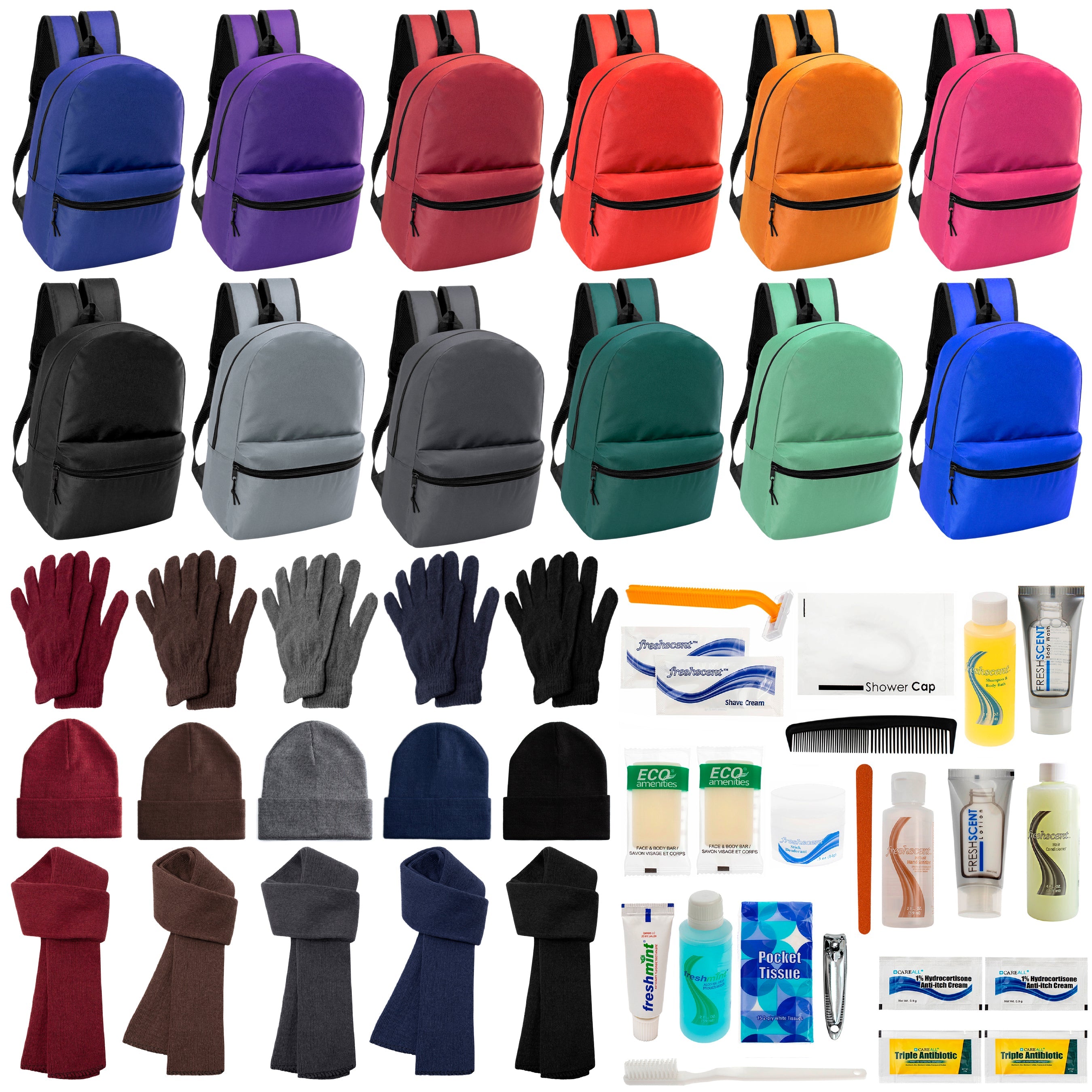 12 Basic 17" Backpacks in 12 Colors, 12 Winter Item Sets & Your Choice of 12 Bulk Hygiene Kits - Wholesale Homeless Care Package