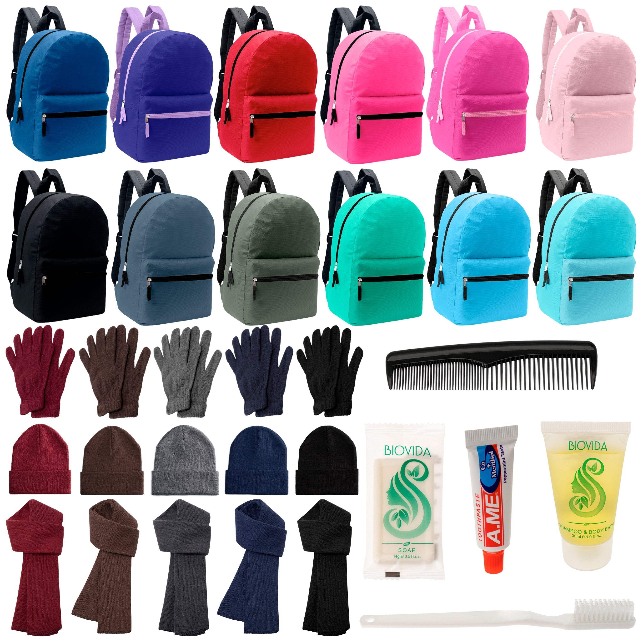 12 17" Backpacks in 12 Solid Colors, 12 Winter Item Sets & Your Choice of 12 Bulk Hygiene Kits - Wholesale Homeless Care Package