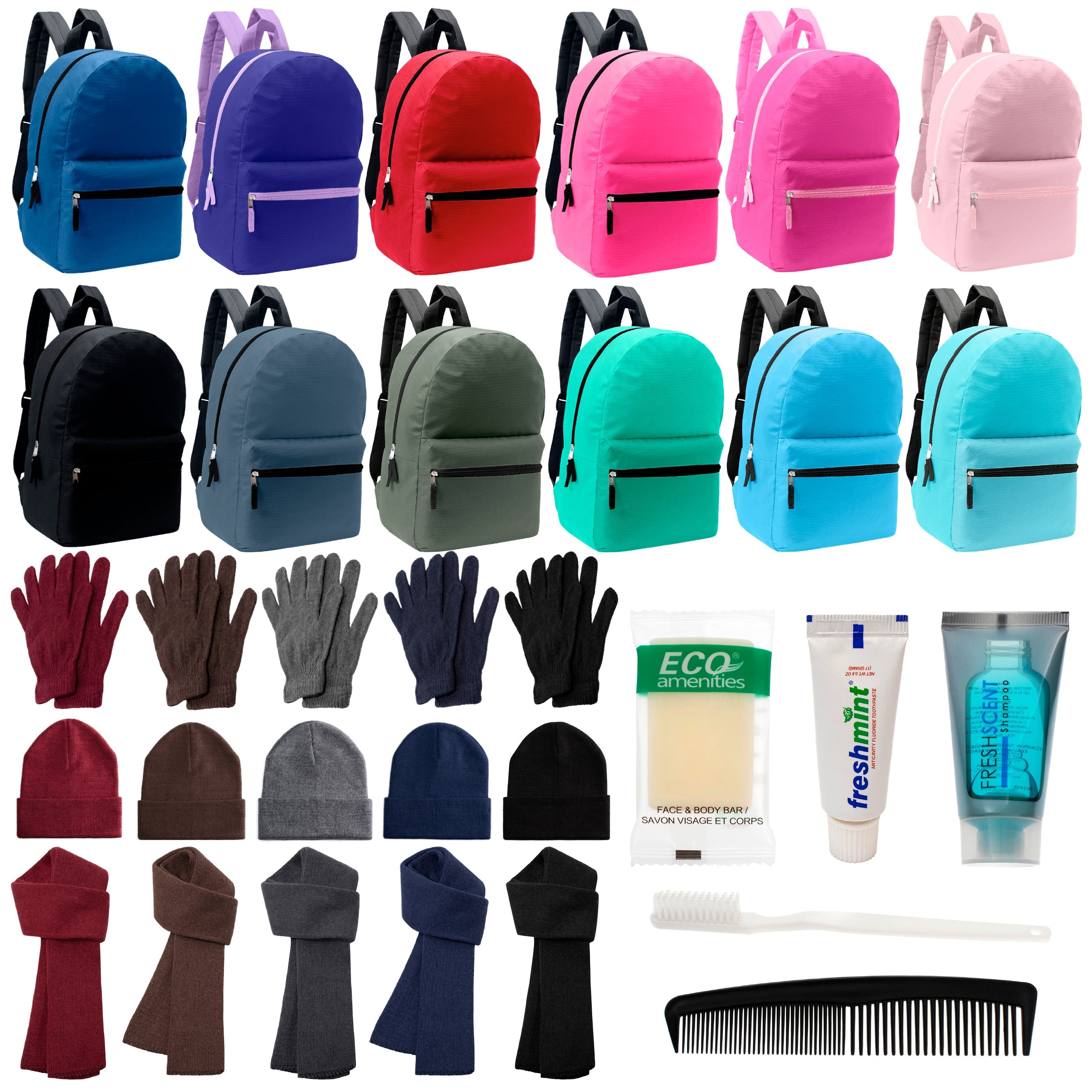 12 17" Backpacks in 12 Solid Colors, 12 Winter Item Sets & Your Choice of 12 Bulk Hygiene Kits - Wholesale Homeless Care Package