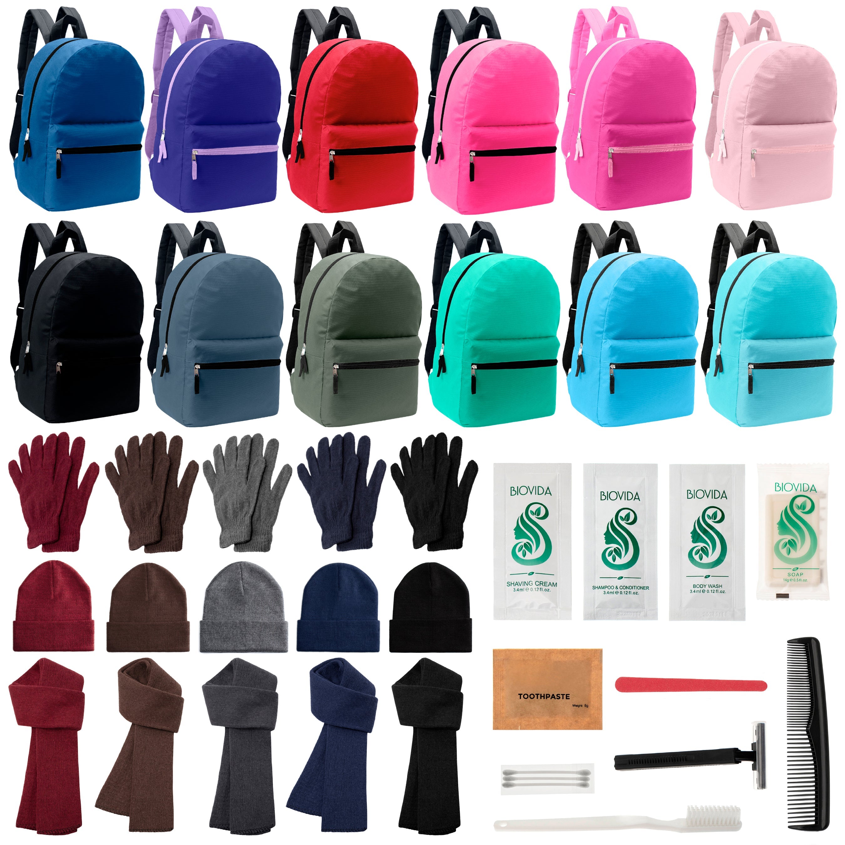 12 17" Backpacks in 12 Solid Colors, 12 Winter Item Sets & Your Choice of 12 Bulk Hygiene Kits - Wholesale Homeless Care Package