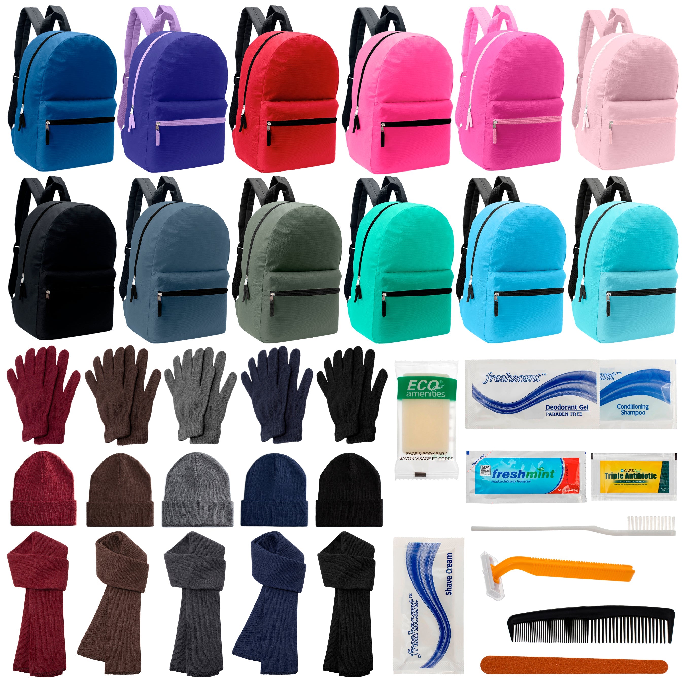 12 17" Backpacks in 12 Solid Colors, 12 Winter Item Sets & Your Choice of 12 Bulk Hygiene Kits - Wholesale Homeless Care Package