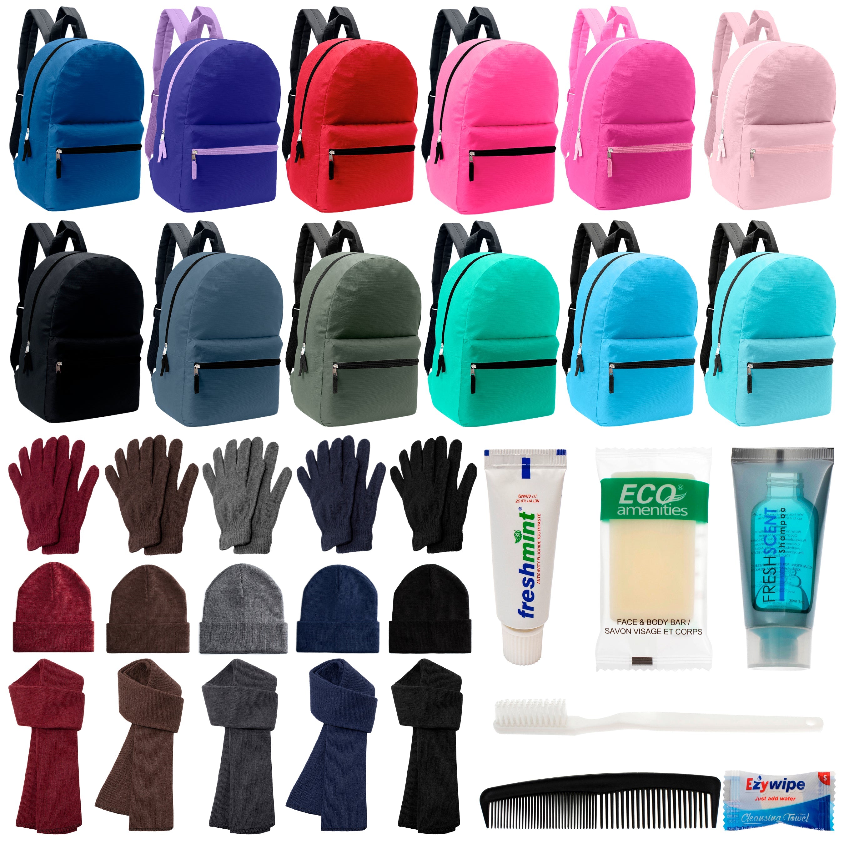 12 17" Backpacks in 12 Solid Colors, 12 Winter Item Sets & Your Choice of 12 Bulk Hygiene Kits - Wholesale Homeless Care Package