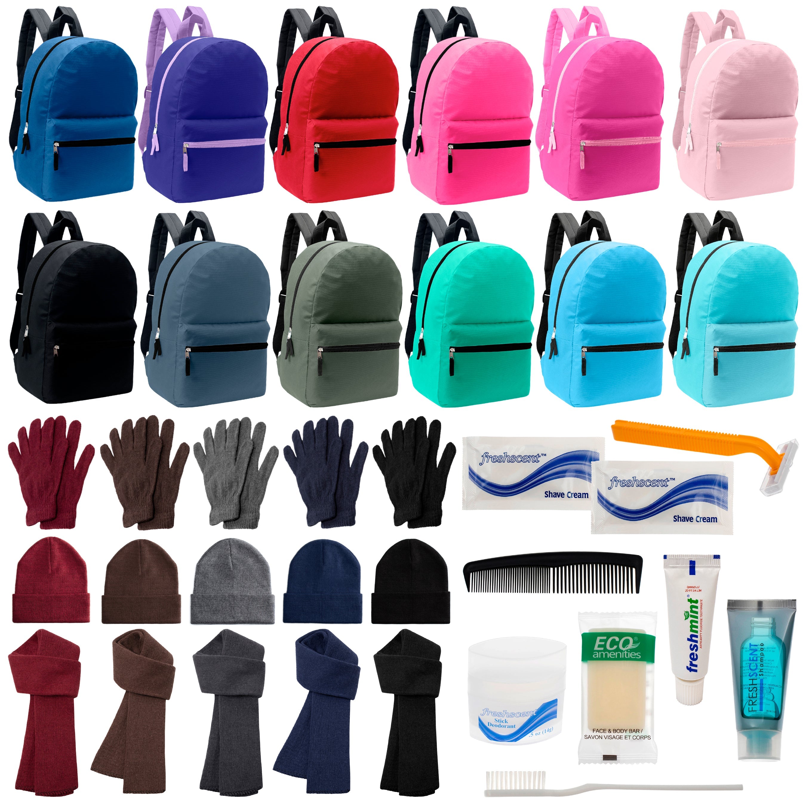 12 17" Backpacks in 12 Solid Colors, 12 Winter Item Sets & Your Choice of 12 Bulk Hygiene Kits - Wholesale Homeless Care Package