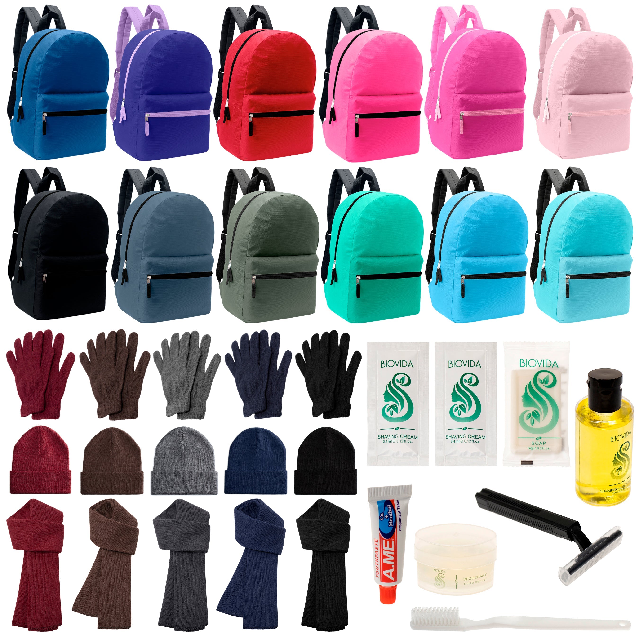 12 17" Backpacks in 12 Solid Colors, 12 Winter Item Sets & Your Choice of 12 Bulk Hygiene Kits - Wholesale Homeless Care Package