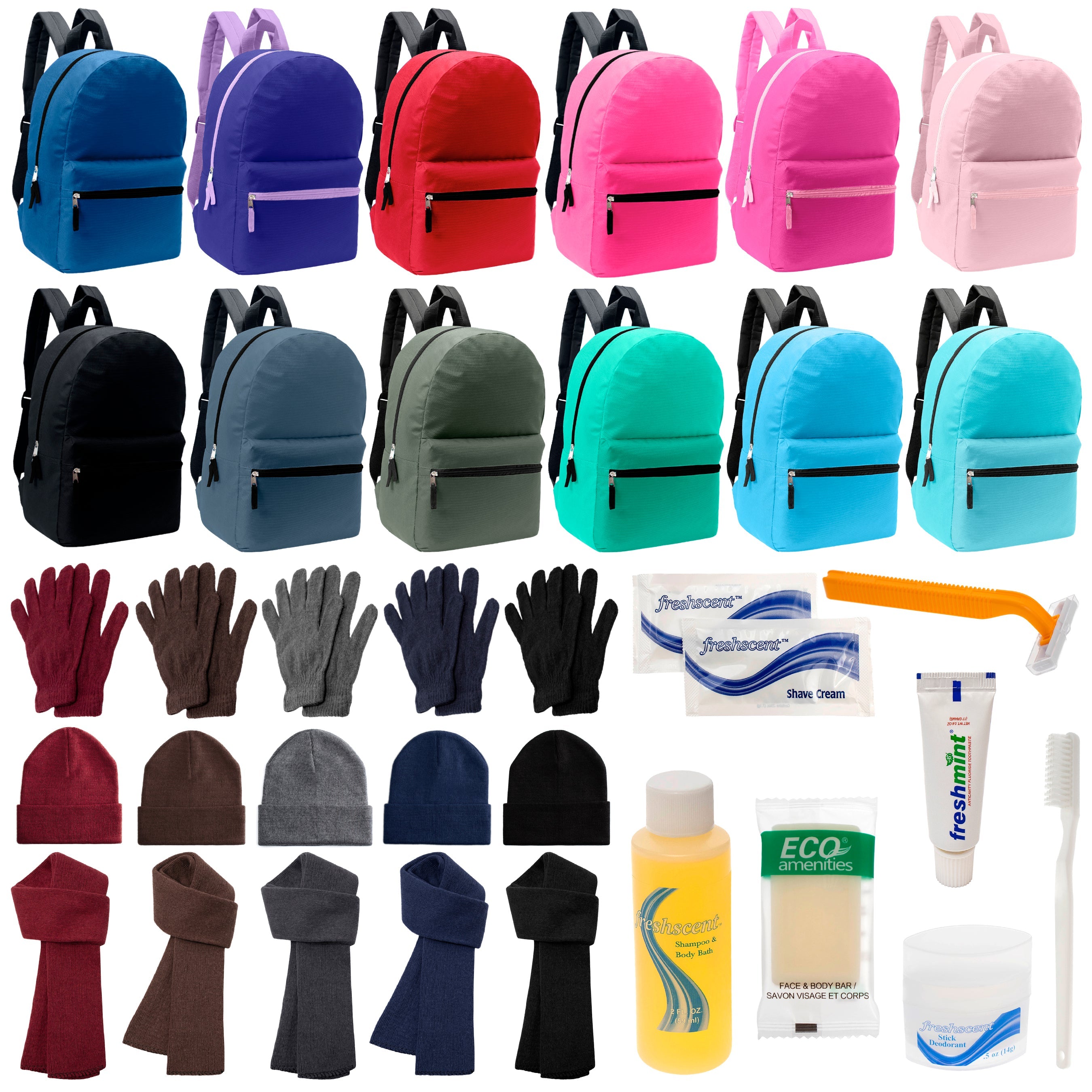 12 17" Backpacks in 12 Solid Colors, 12 Winter Item Sets & Your Choice of 12 Bulk Hygiene Kits - Wholesale Homeless Care Package