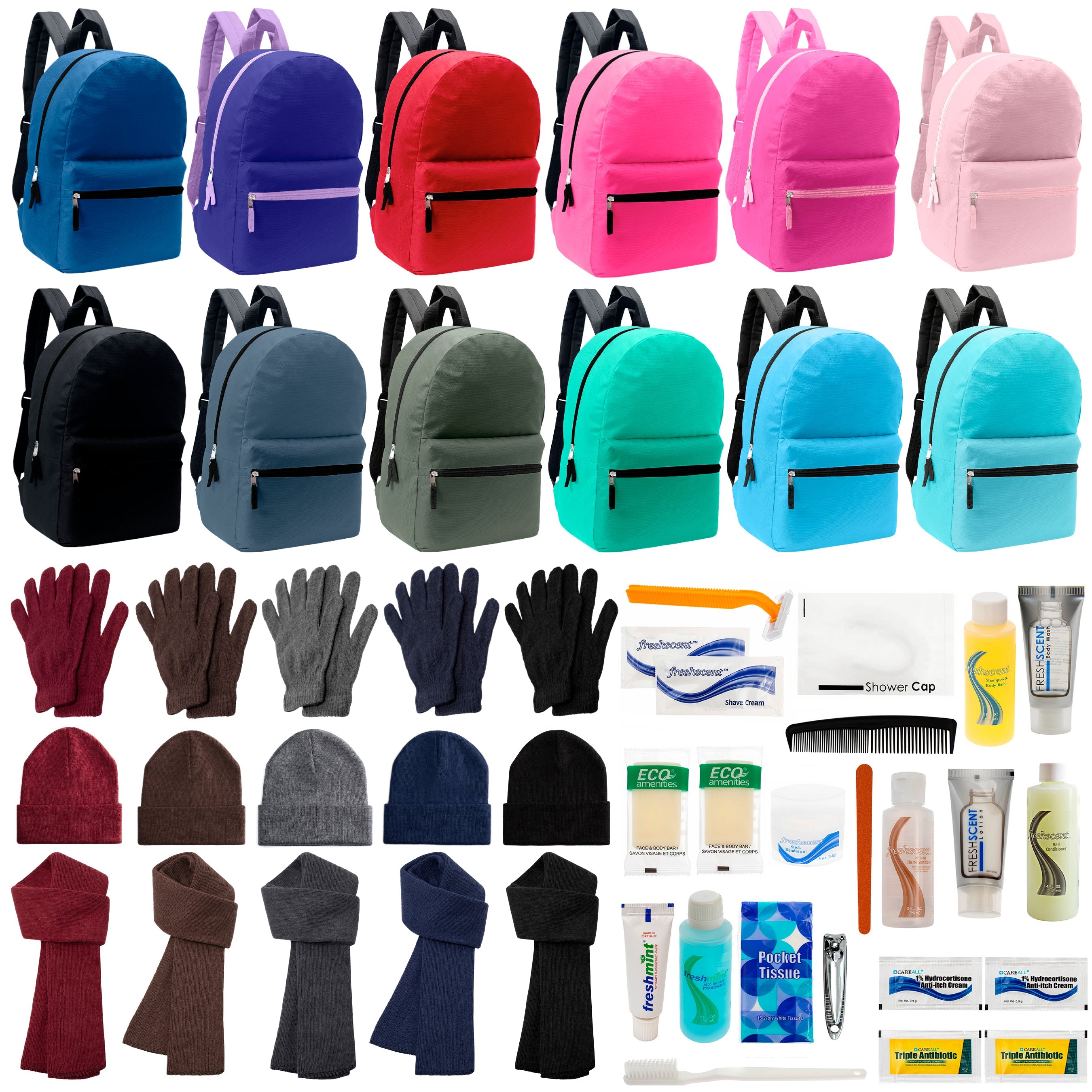 12 17" Backpacks in 12 Solid Colors, 12 Winter Item Sets & Your Choice of 12 Bulk Hygiene Kits - Wholesale Homeless Care Package